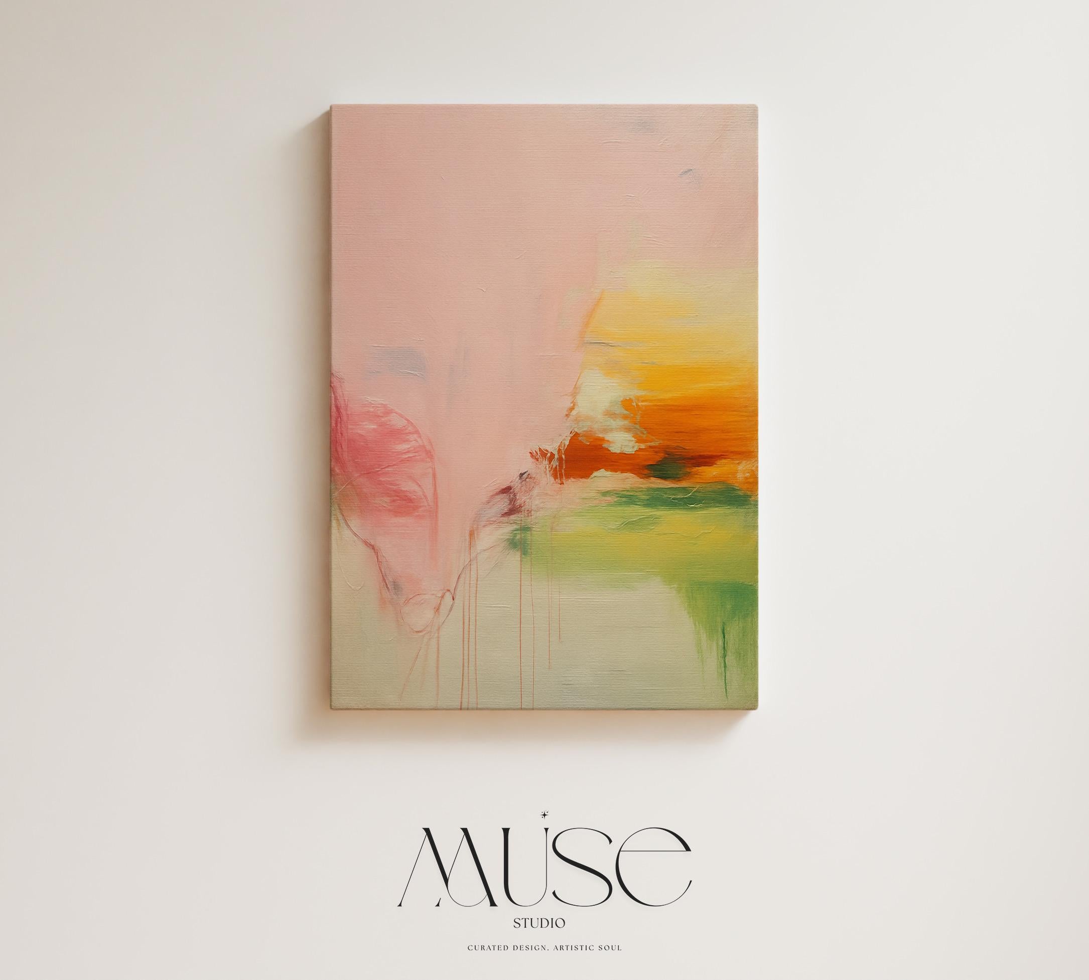 Vertical abstract canvas wall art in blush, peach, and golden pastel tones with soft modern preppy styling. Gentle blends and airy color transitions make it ideal for feminine bedrooms, pastel-inspired interiors, and bright modern spaces. Available as gallery-wrapped or floater framed canvas by Muse Studio.
