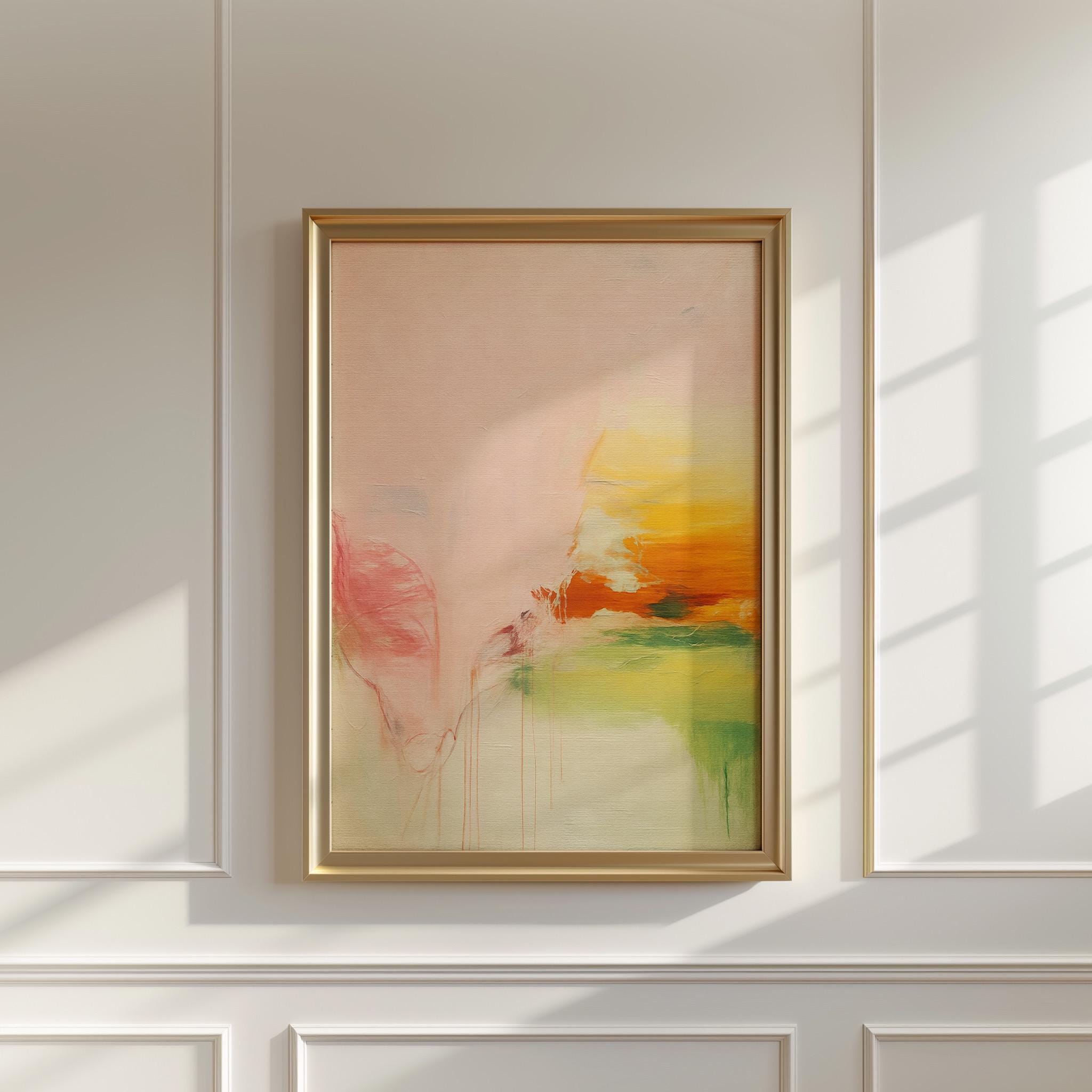 Soft pastel muted abstract wall art featuring blush, peach, and golden tones with gentle blended texture. Ideal for calm modern interiors, bedrooms, wellness spaces, or neutral pastel décor. Available as framed wall art, gallery canvas, or fine art giclée print by Muse Studio.