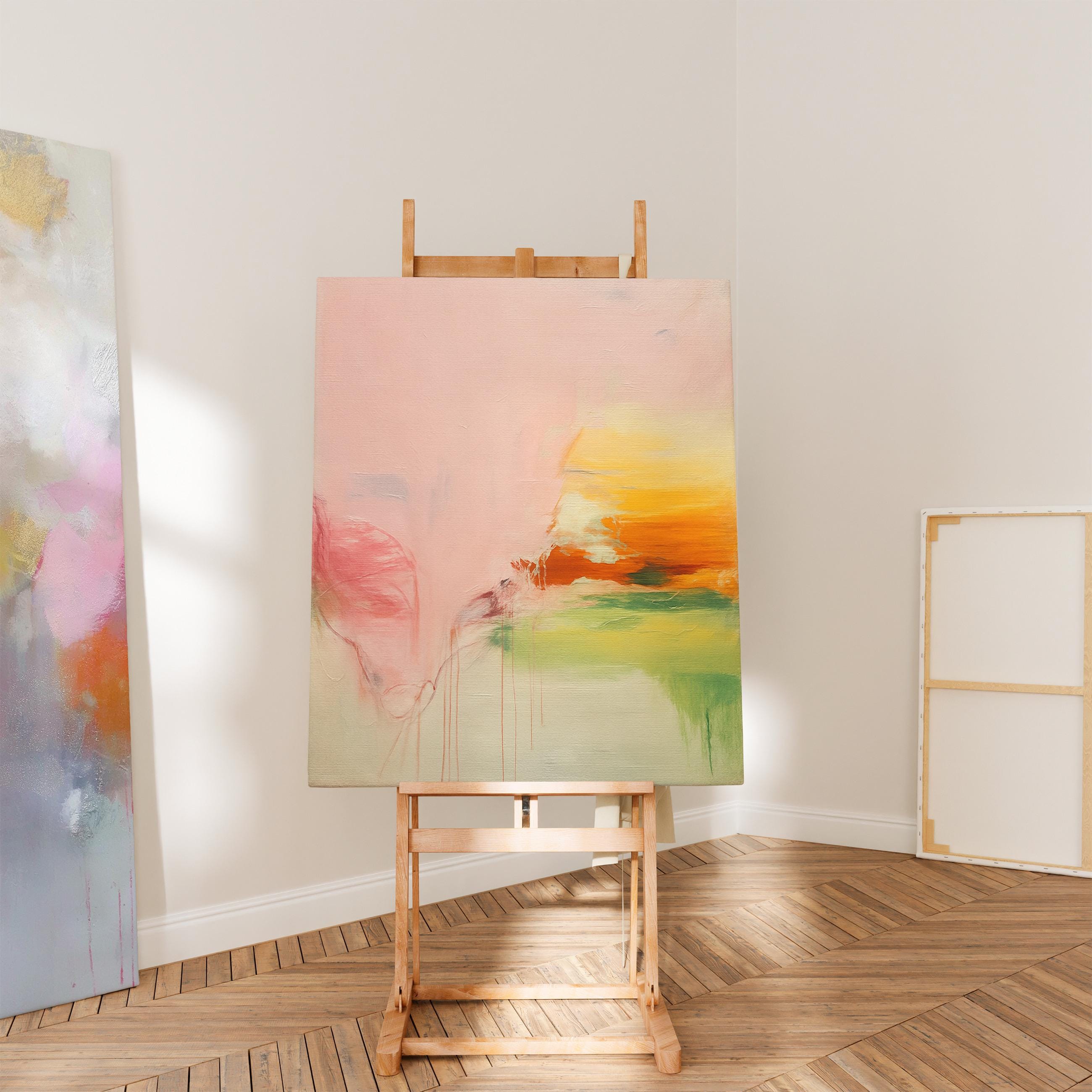 Soft pastel muted abstract wall art featuring blush, peach, and golden tones with gentle blended texture. Ideal for calm modern interiors, bedrooms, wellness spaces, or neutral pastel décor. Available as framed wall art, gallery canvas, or fine art giclée print by Muse Studio.