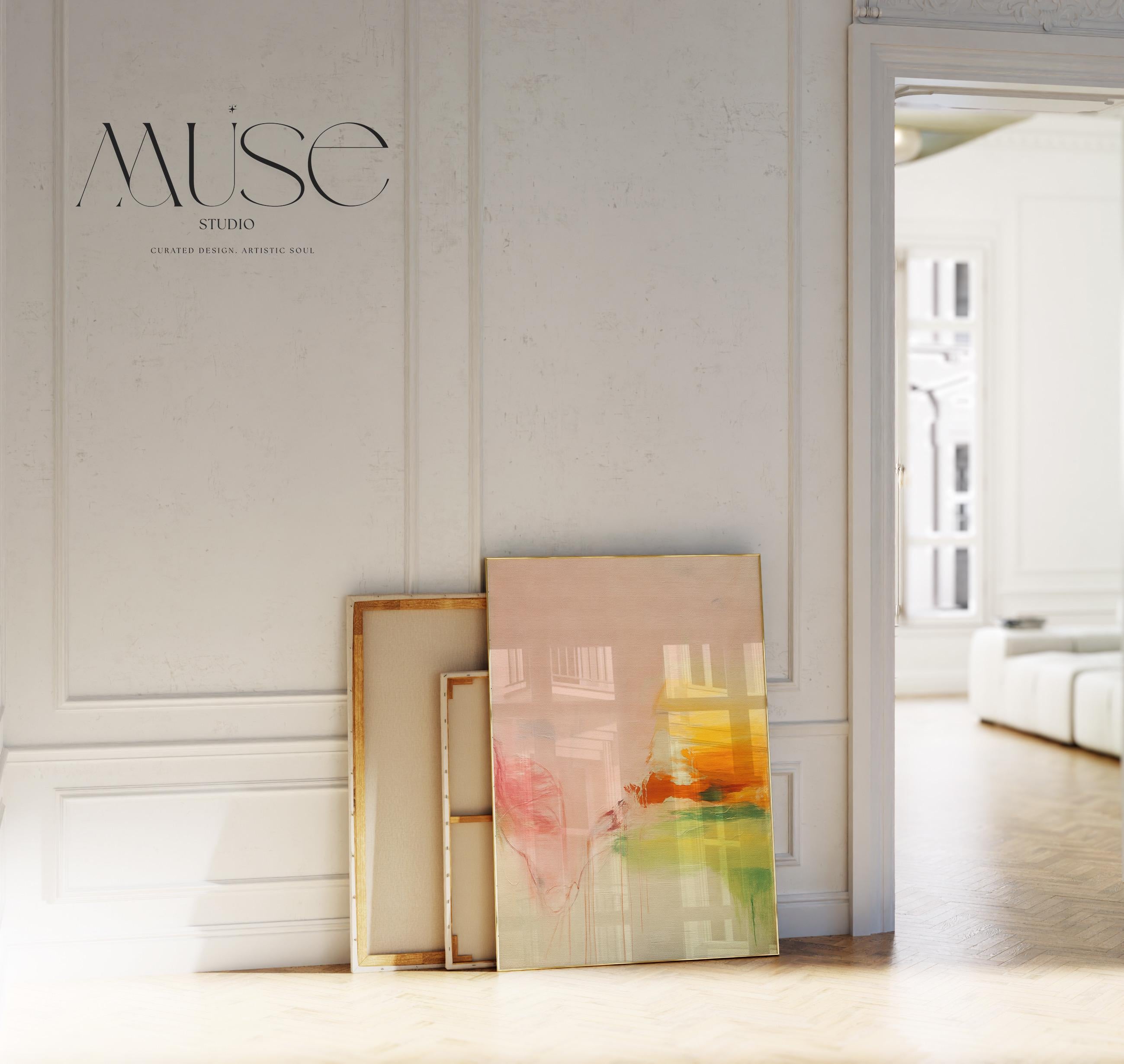 Soft pastel muted abstract wall art featuring blush, peach, and golden tones with gentle blended texture. Ideal for calm modern interiors, bedrooms, wellness spaces, or neutral pastel décor. Available as framed wall art, gallery canvas, or fine art giclée print by Muse Studio.