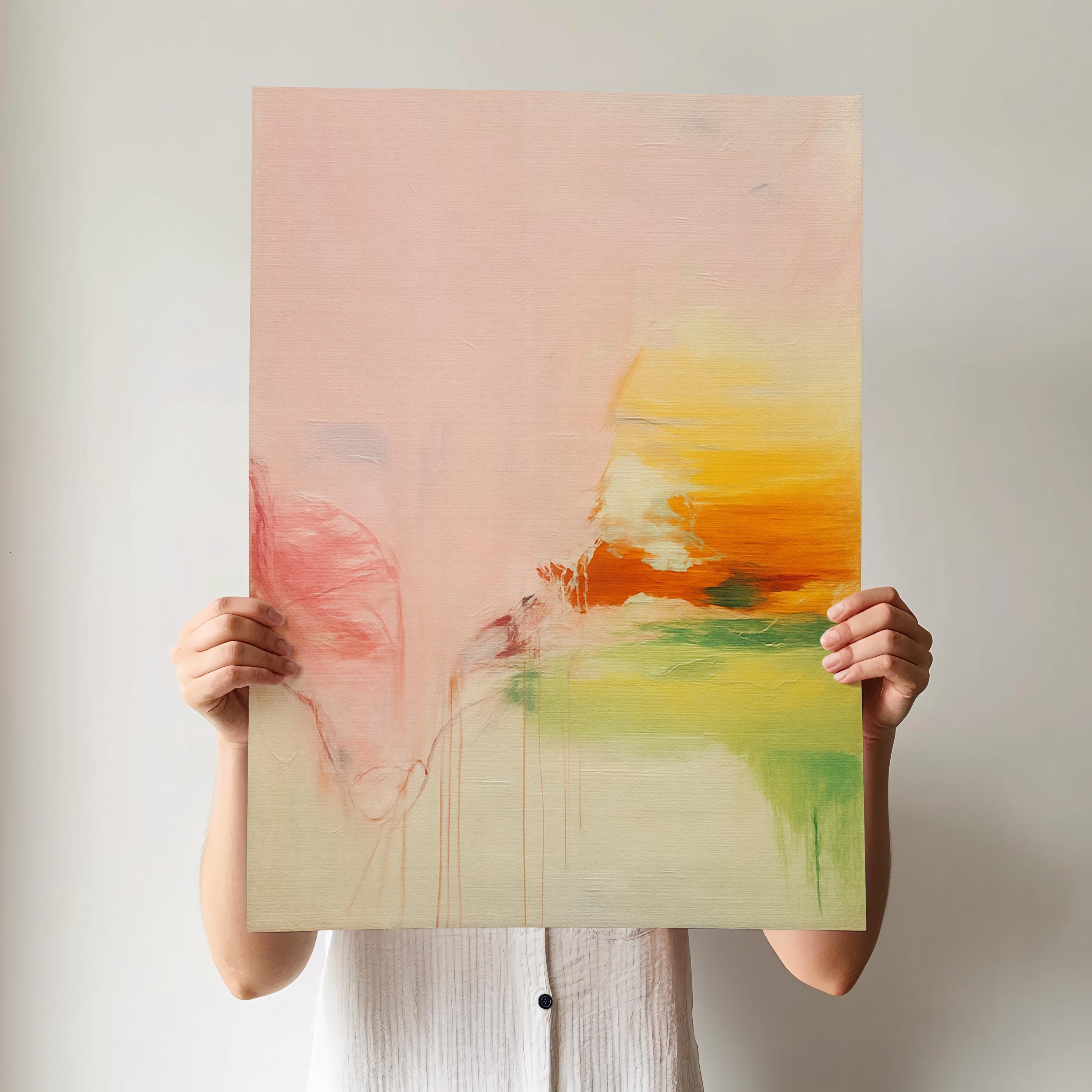 Soft pastel muted abstract wall art featuring blush, peach, and golden tones with gentle blended texture. Ideal for calm modern interiors, bedrooms, wellness spaces, or neutral pastel décor. Available as framed wall art, gallery canvas, or fine art giclée print by Muse Studio.