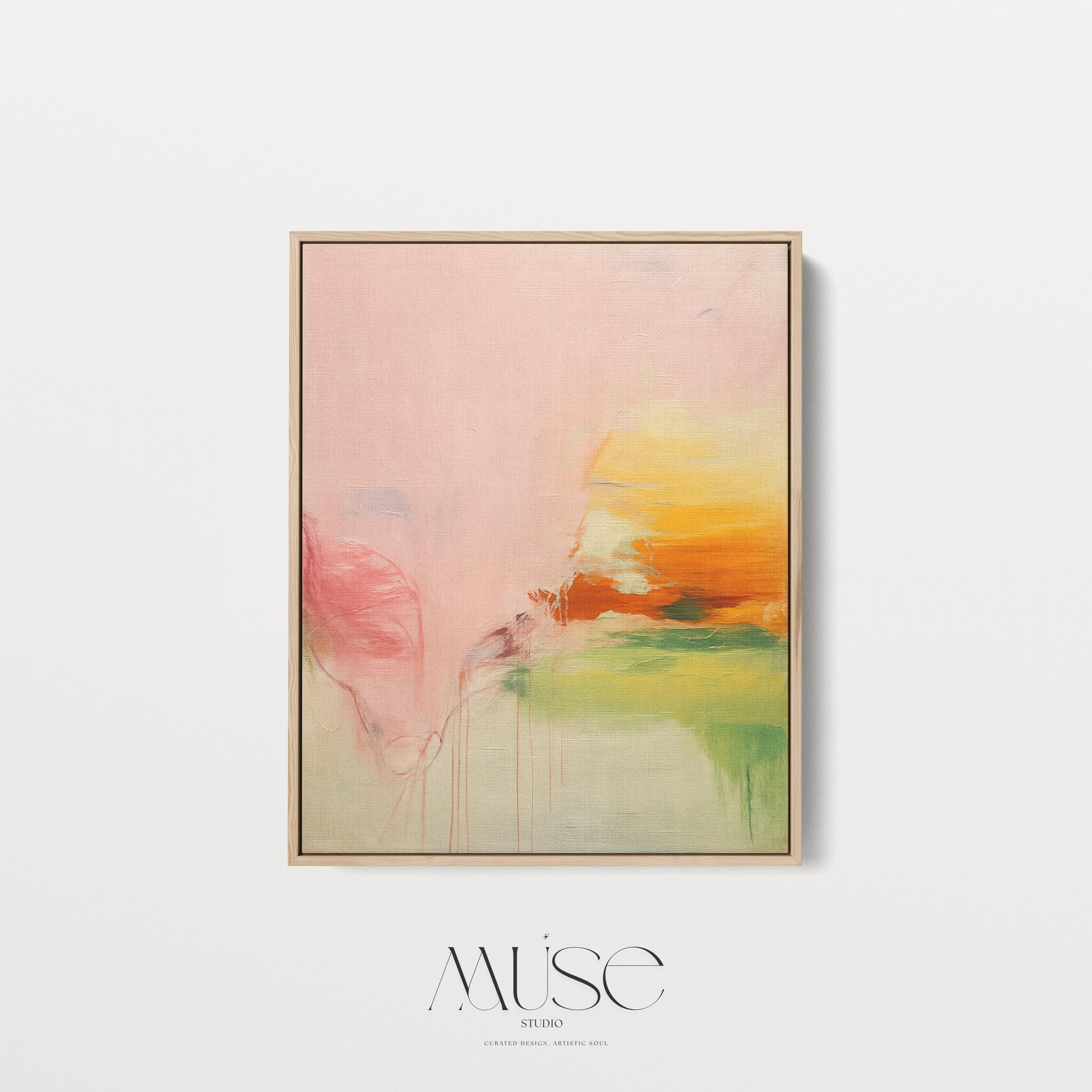 Soft pastel muted abstract wall art featuring blush, peach, and golden tones with gentle blended texture. Ideal for calm modern interiors, bedrooms, wellness spaces, or neutral pastel décor. Available as framed wall art, gallery canvas, or fine art giclée print by Muse Studio.