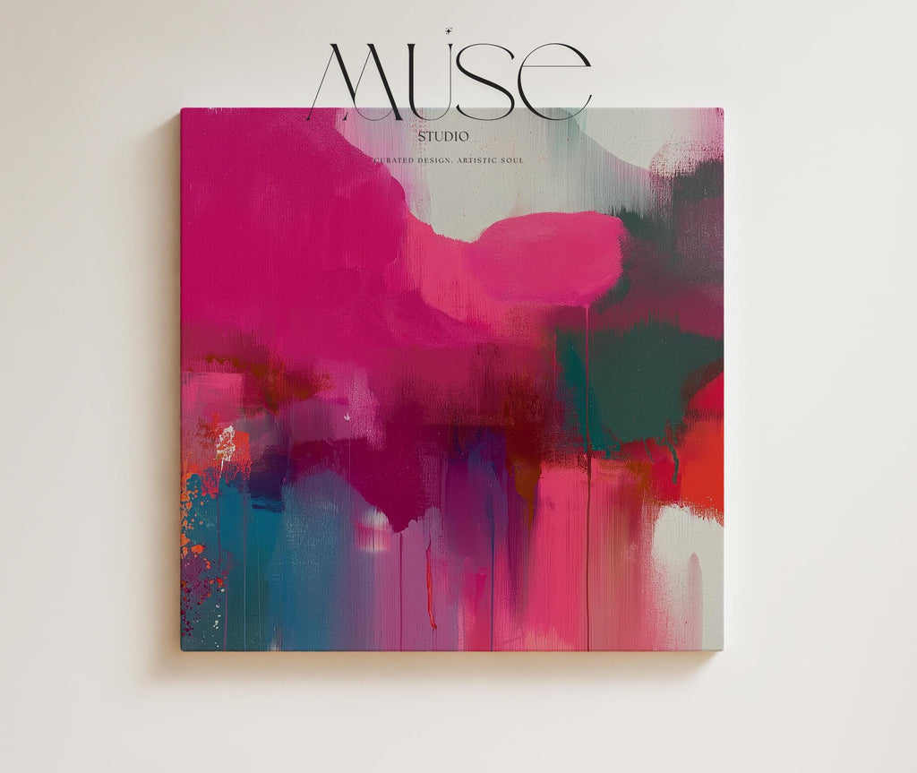 Square abstract wall art in vivid blue and pink tones with a color pop minimalist style, perfect for modern living rooms or bedrooms. Available as framed canvas or gallery-wrapped canvas by Muse Studio.