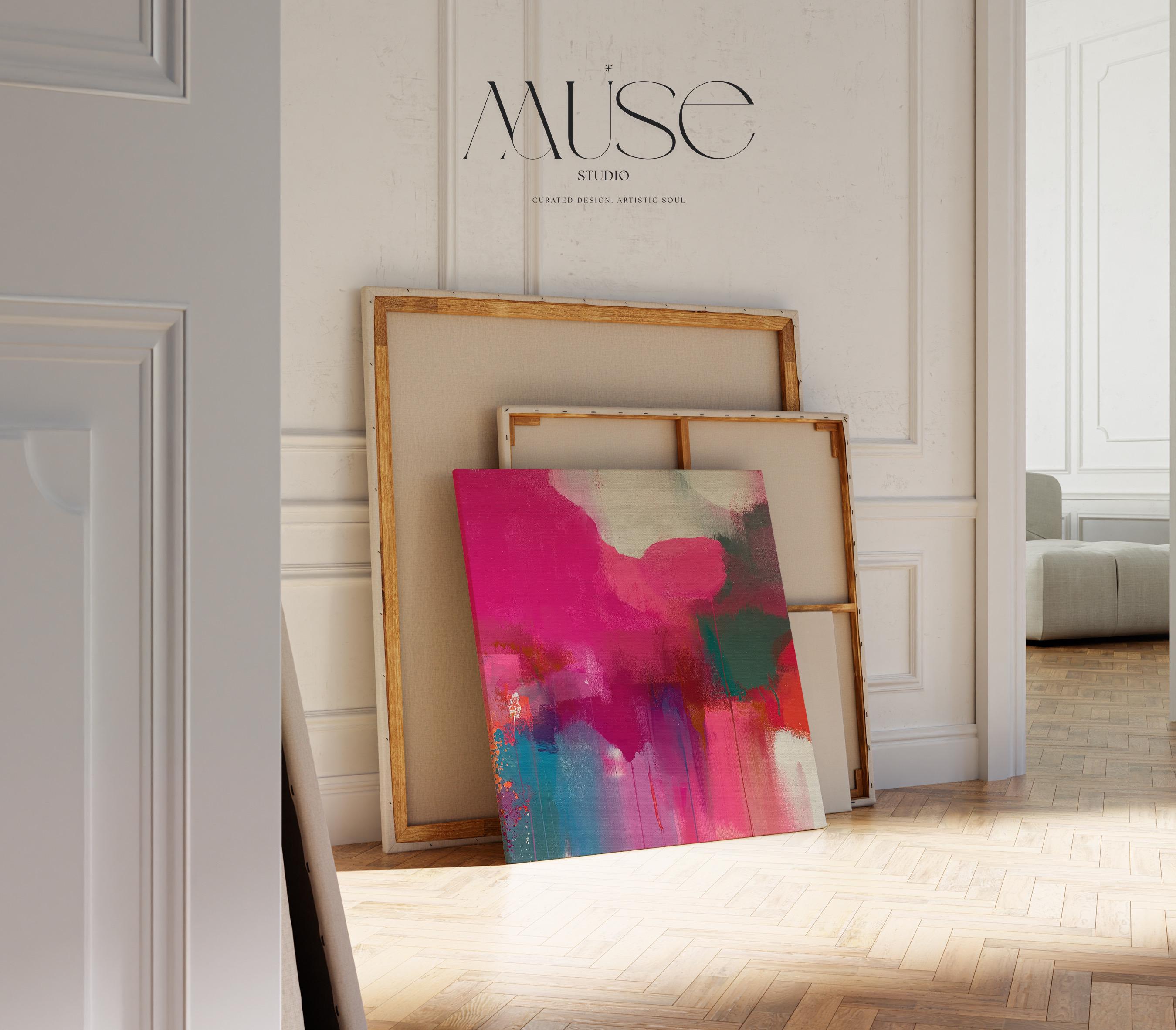 Square abstract wall art in vivid blue and pink tones with a color pop minimalist style, perfect for modern living rooms or bedrooms. Available as framed canvas or gallery-wrapped canvas by Muse Studio.