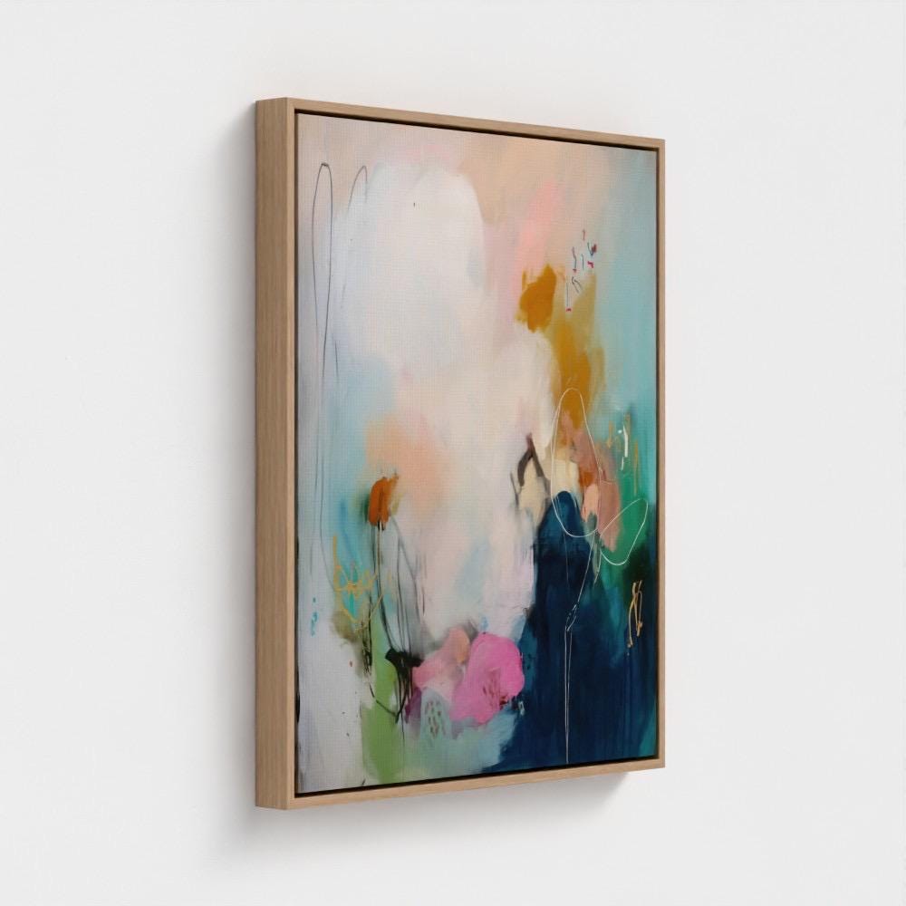 Teal pink navy abstract canvas wall art large framed art giclée print soft contemporary transitional wall decor for living room MUSE 427 Framed Canvas Art Colorful abstract wall art on framed canvas, perfect for bold decor art and modern wall decor. Large statement piece with expressive brushstrokes and rich textures. Ready-to-hang giclée canvas designed to energize living rooms, offices, bedrooms and curated interiors. Muse Studio Decor Art.