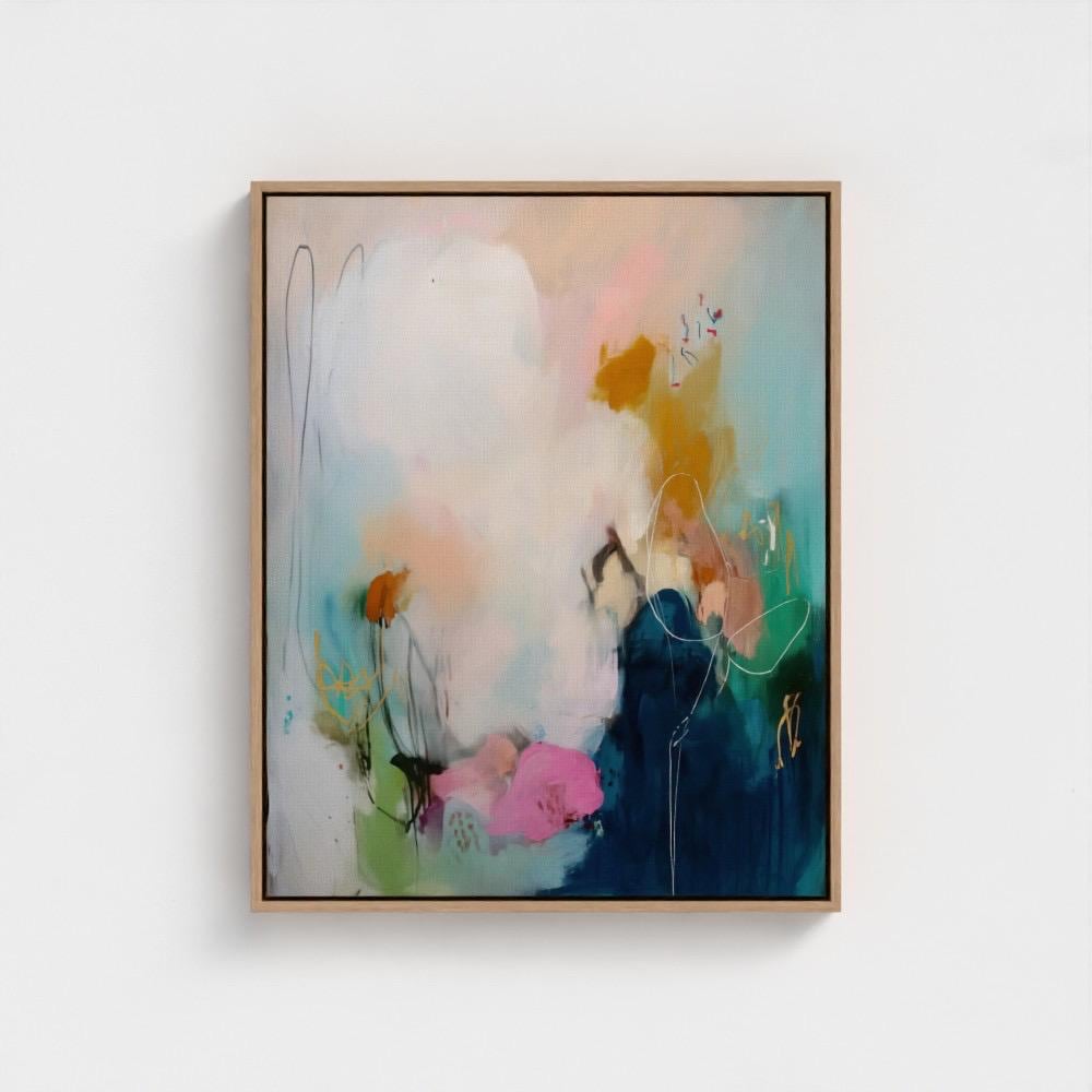 Teal pink navy abstract canvas wall art large framed art giclée print soft contemporary transitional wall decor for living room MUSE 427 Framed Canvas Art Colorful abstract wall art on framed canvas, perfect for bold decor art and modern wall decor. Large statement piece with expressive brushstrokes and rich textures. Ready-to-hang giclée canvas designed to energize living rooms, offices, bedrooms and curated interiors. Muse Studio Decor Art.