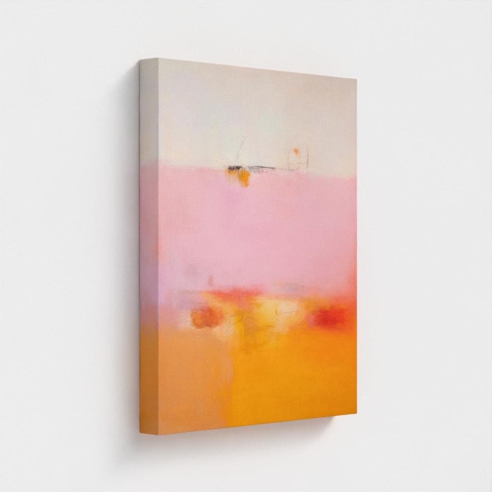 Soft pastel muted abstract wall art featuring a blended pink, peach, and golden gradient, styled in a warm neutral living room with natural wood decor and soft beige seating. Ideal for calm interiors, bedrooms, and warm minimalist spaces. Available as framed wall art, canvas, or fine art print by Muse Studio.