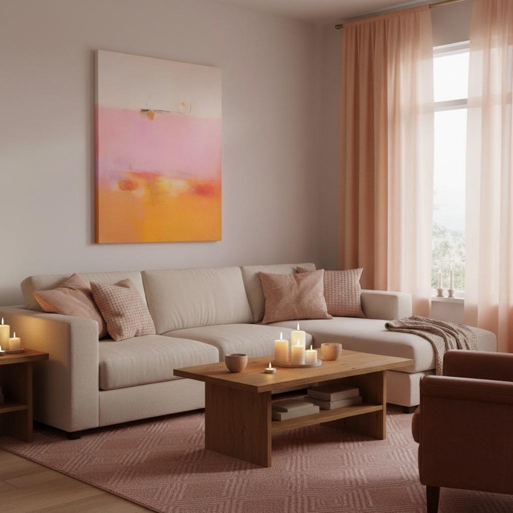 Soft pastel muted abstract wall art featuring a blended pink, peach, and golden gradient, styled in a warm neutral living room with natural wood decor and soft beige seating. Ideal for calm interiors, bedrooms, and warm minimalist spaces. Available as framed wall art, canvas, or fine art print by Muse Studio.