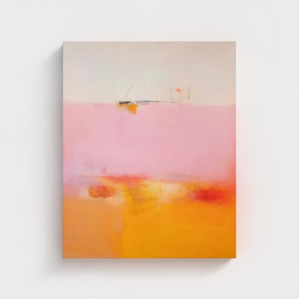 Soft pastel muted abstract wall art featuring a blended pink, peach, and golden gradient, styled in a warm neutral living room with natural wood decor and soft beige seating. Ideal for calm interiors, bedrooms, and warm minimalist spaces. Available as framed wall art, canvas, or fine art print by Muse Studio.
