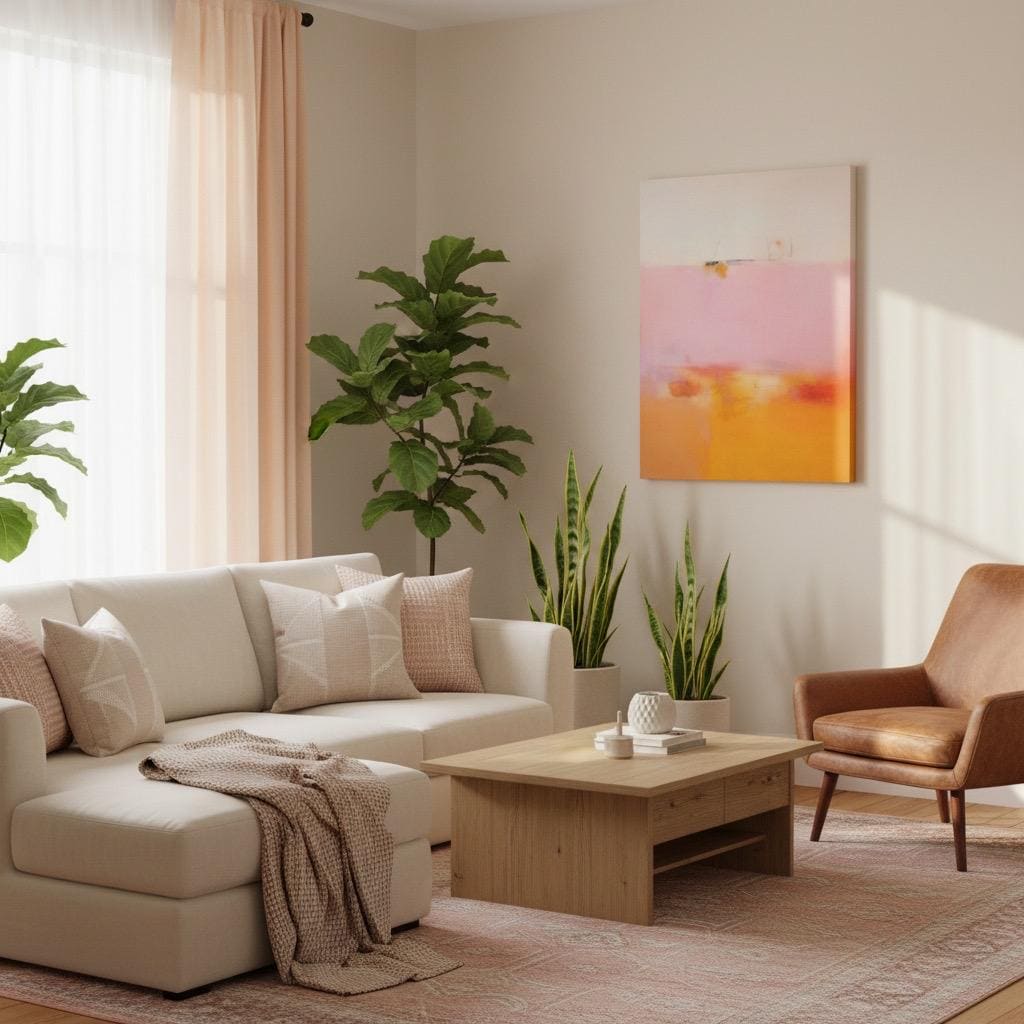 Soft pastel muted abstract wall art featuring a blended pink, peach, and golden gradient, styled in a warm neutral living room with natural wood decor and soft beige seating. Ideal for calm interiors, bedrooms, and warm minimalist spaces. Available as framed wall art, canvas, or fine art print by Muse Studio.