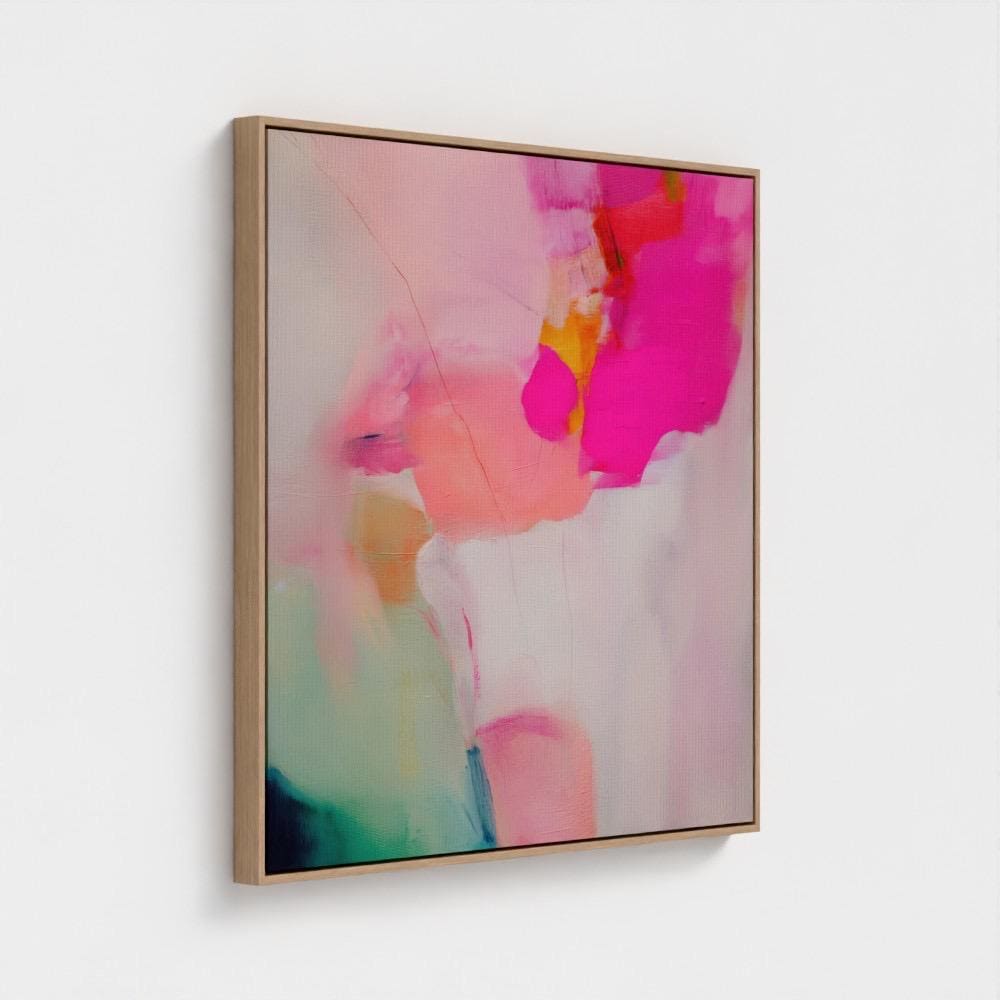 Square coquette pastel abstract wall art in hot pink, blush, and mint tones displayed above a natural rattan console table with florals and a blue chinoiserie vase. Soft romantic pastel wall art available as framed wall art, canvas, or giclée print by Muse Studio.