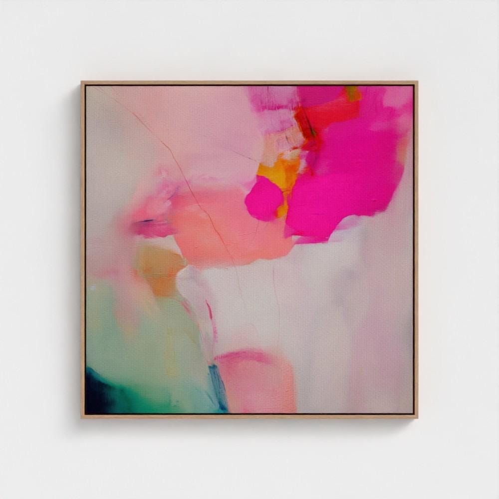 Square coquette pastel abstract wall art in hot pink, blush, and mint tones displayed above a natural rattan console table with florals and a blue chinoiserie vase. Soft romantic pastel wall art available as framed wall art, canvas, or giclée print by Muse Studio.