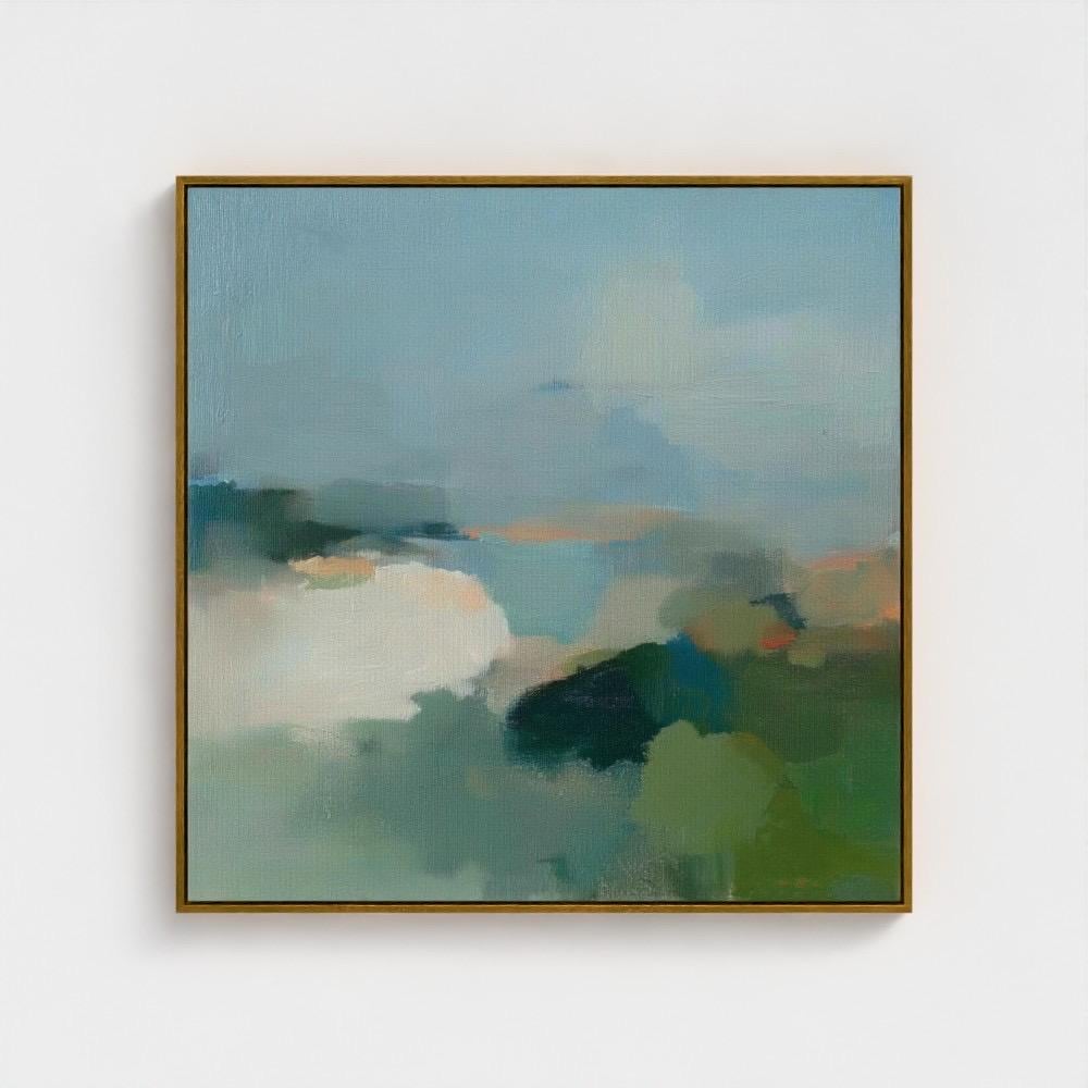 Square coastal abstract wall art with soft blue, sage, and sand tones framed in gold. Muted modern landscape-style artwork ideal for bedrooms, living rooms, or calm designer interiors. Available as framed canvas or fine art print by Muse Studio.