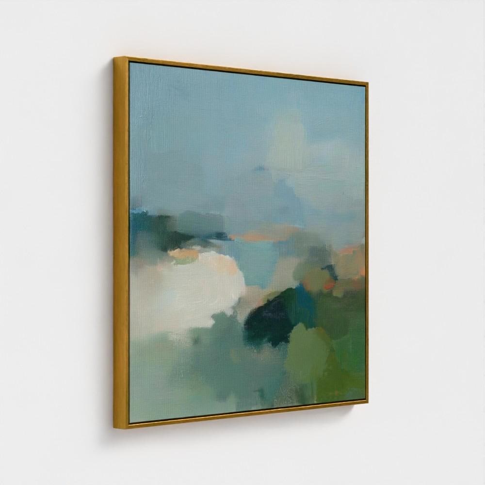 Square coastal abstract wall art with soft blue, sage, and sand tones framed in gold. Muted modern landscape-style artwork ideal for bedrooms, living rooms, or calm designer interiors. Available as framed canvas or fine art print by Muse Studio.