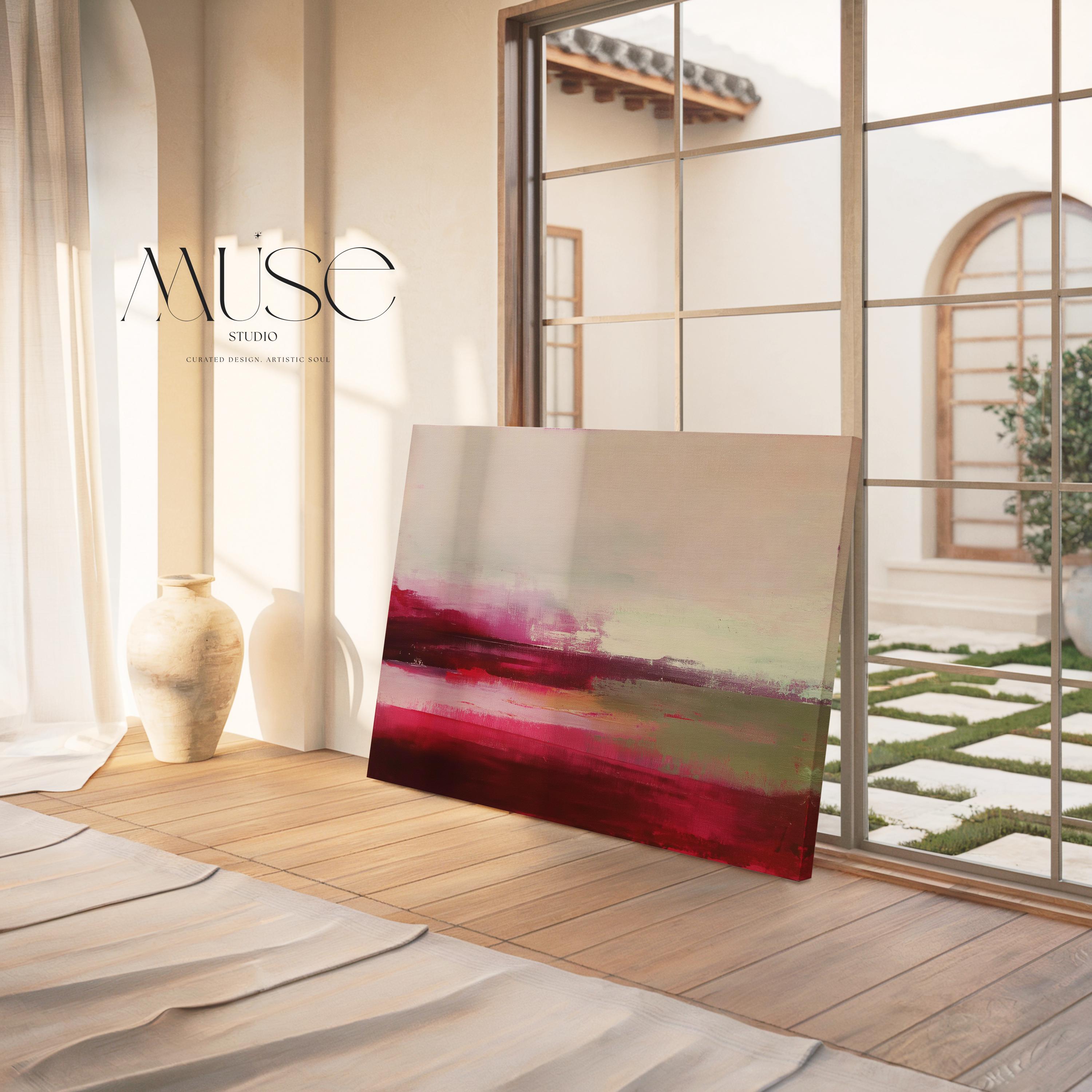 Horizontal cranberry red and blush abstract canvas with soft winter tones of sage and pink. Warm minimalist holiday wall art, perfect for living rooms, bedrooms, and modern seasonal decor. Limited edition Muse Studio artwork, MUSE 610.