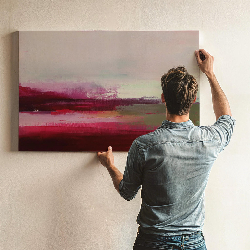 Horizontal cranberry red and blush abstract canvas with soft winter tones of sage and pink. Warm minimalist holiday wall art, perfect for living rooms, bedrooms, and modern seasonal decor. Limited edition Muse Studio artwork, MUSE 610.
