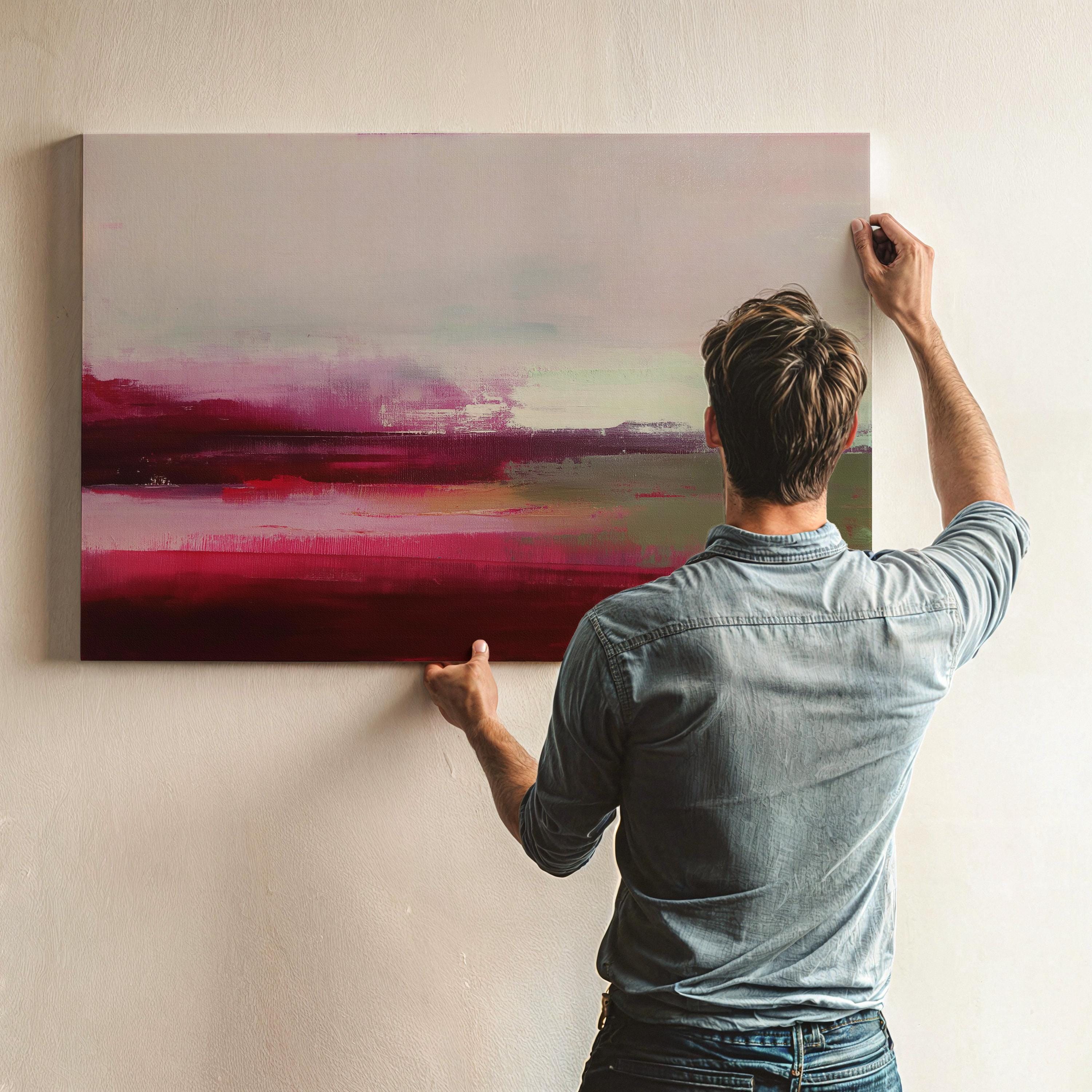 Horizontal cranberry red and blush abstract canvas with soft winter tones of sage and pink. Warm minimalist holiday wall art, perfect for living rooms, bedrooms, and modern seasonal decor. Limited edition Muse Studio artwork, MUSE 610.
