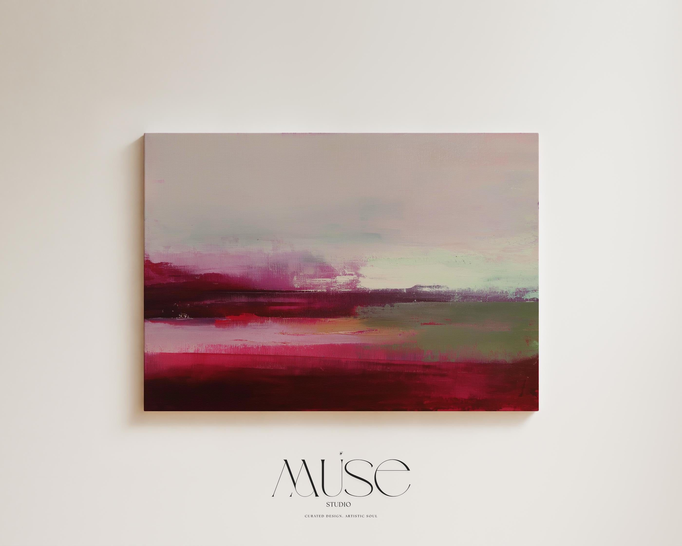 Horizontal cranberry red and blush abstract canvas with soft winter tones of sage and pink. Warm minimalist holiday wall art, perfect for living rooms, bedrooms, and modern seasonal decor. Limited edition Muse Studio artwork, MUSE 610.