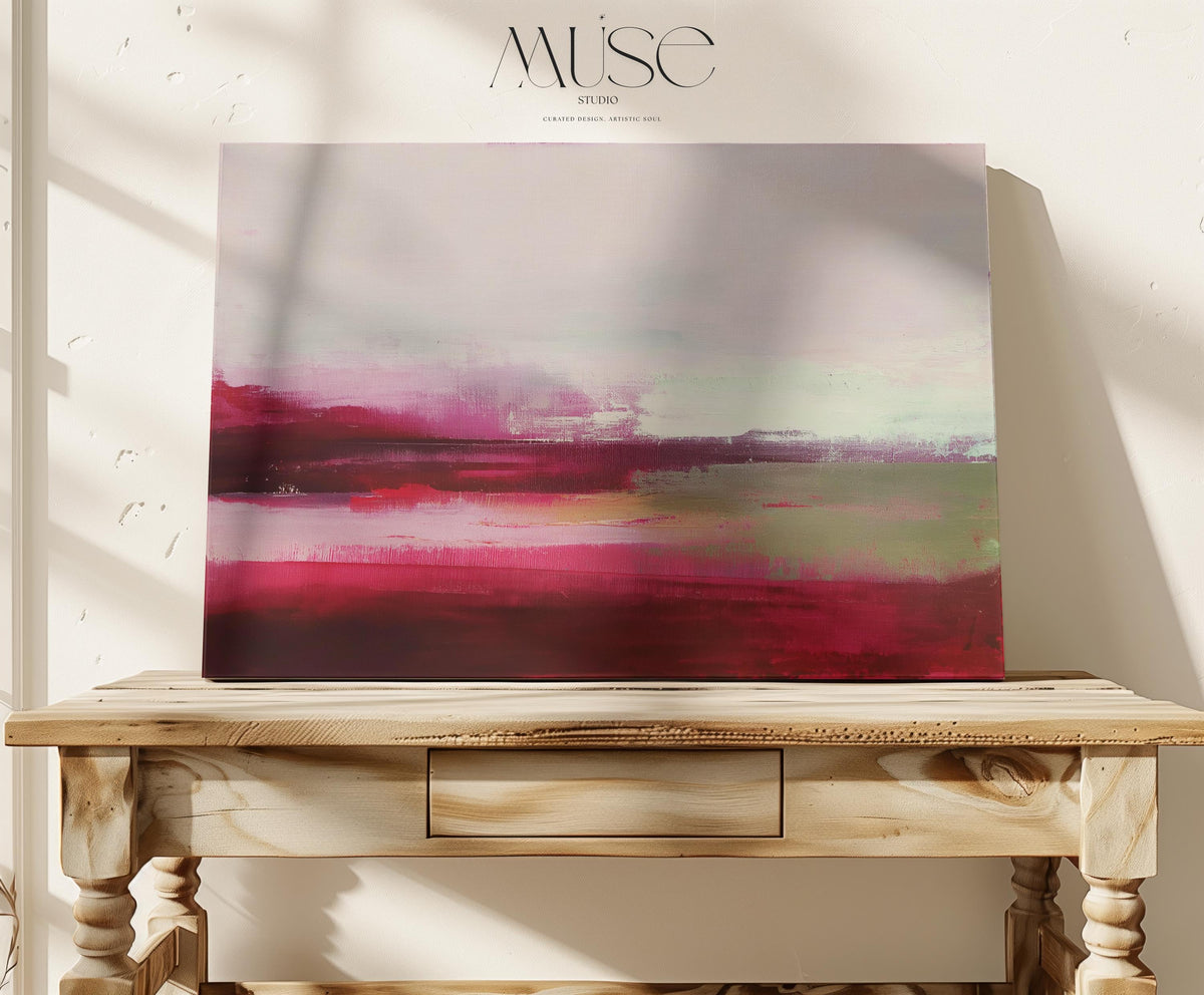 Horizontal cranberry red and blush abstract canvas with soft winter tones of sage and pink. Warm minimalist holiday wall art, perfect for living rooms, bedrooms, and modern seasonal decor. Limited edition Muse Studio artwork, MUSE 610.