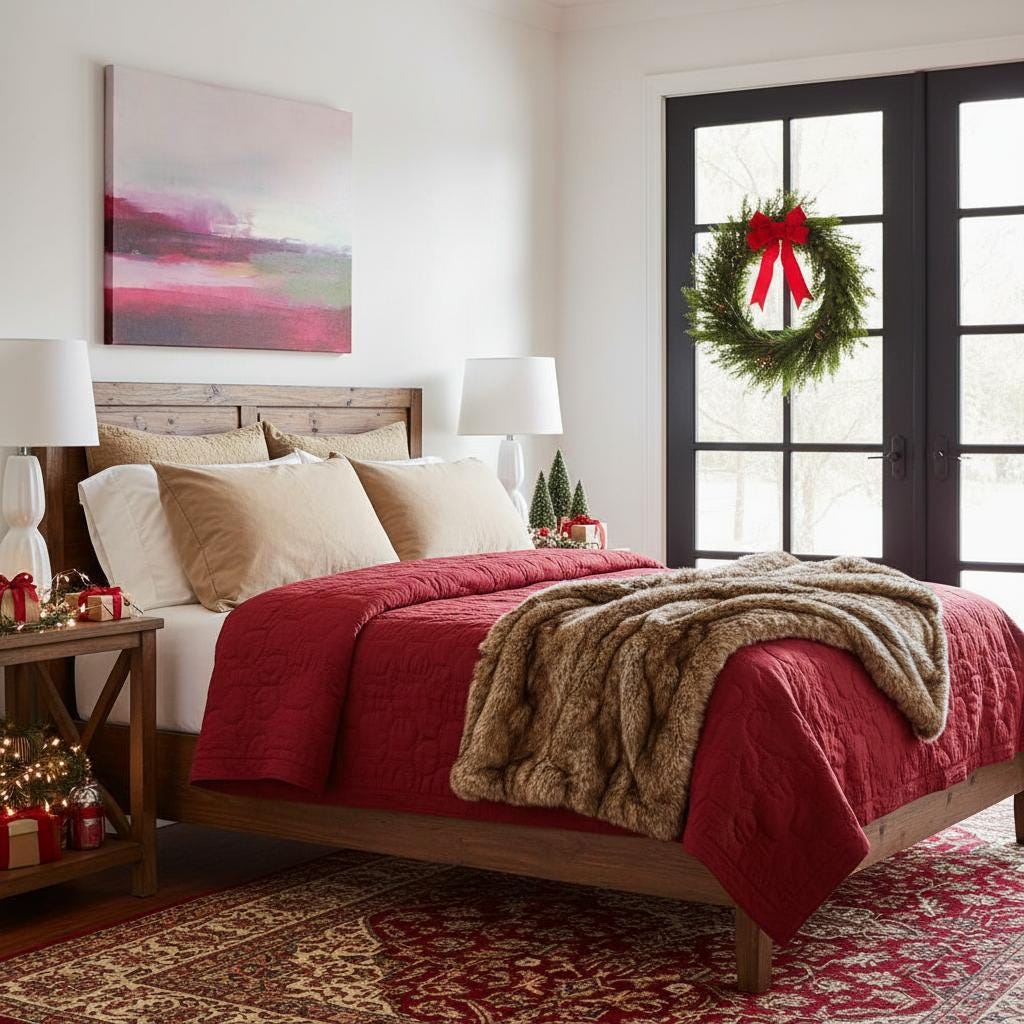 Horizontal cranberry red and blush abstract canvas with soft winter tones of sage and pink. Warm minimalist holiday wall art, perfect for living rooms, bedrooms, and modern seasonal decor. Limited edition Muse Studio artwork, MUSE 610.