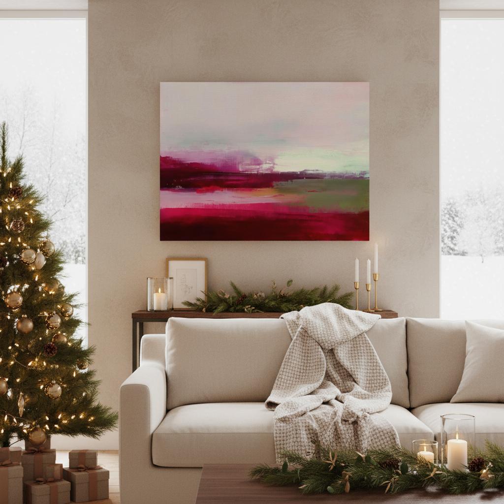 Horizontal cranberry red and blush abstract canvas with soft winter tones of sage and pink. Warm minimalist holiday wall art, perfect for living rooms, bedrooms, and modern seasonal decor. Limited edition Muse Studio artwork, MUSE 610.