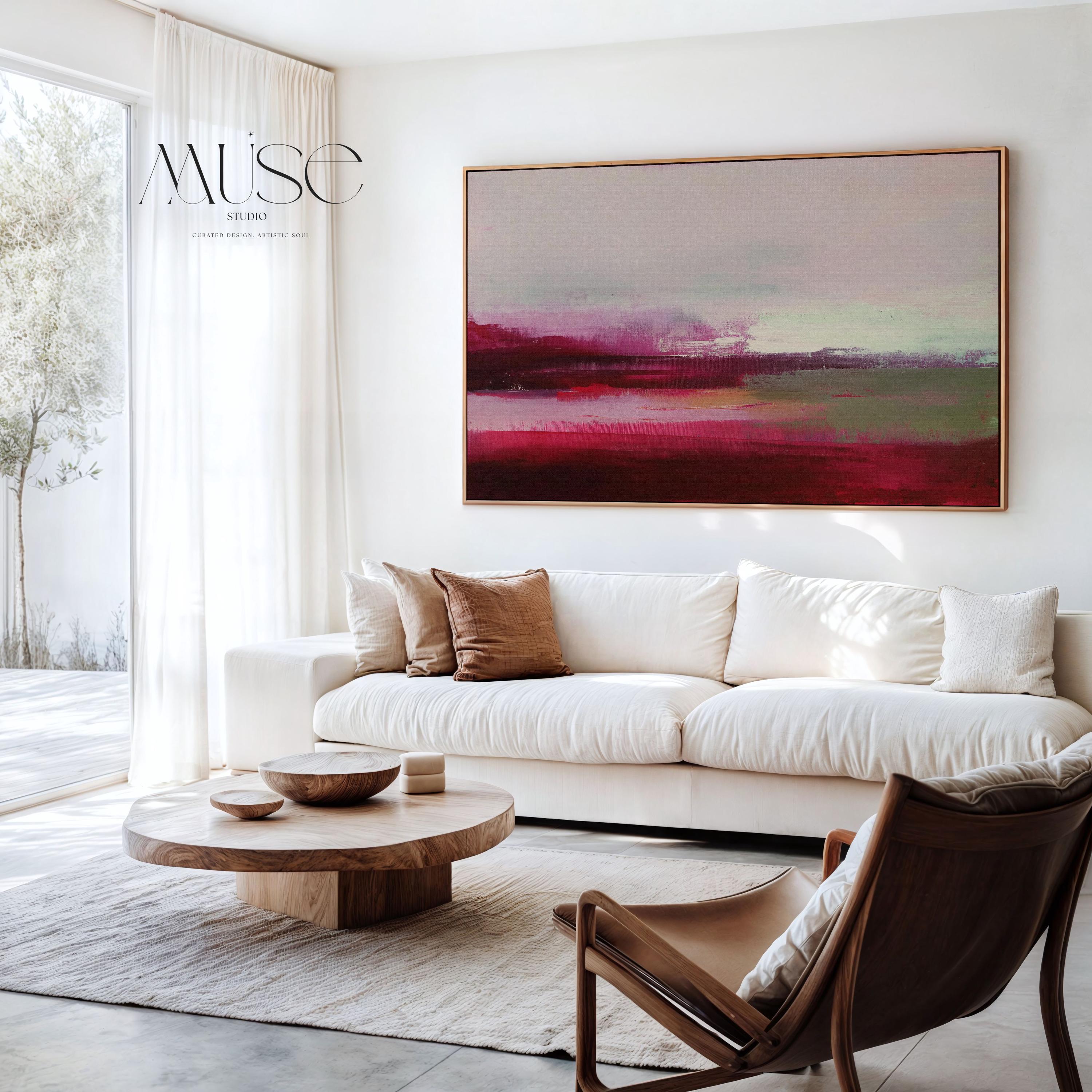 Framed cranberry red and blush abstract canvas with soft winter tones of sage and pink. Warm minimalist holiday wall art for living rooms, bedrooms, and modern seasonal interiors. Limited edition Muse Studio framed artwork, MUSE 610.