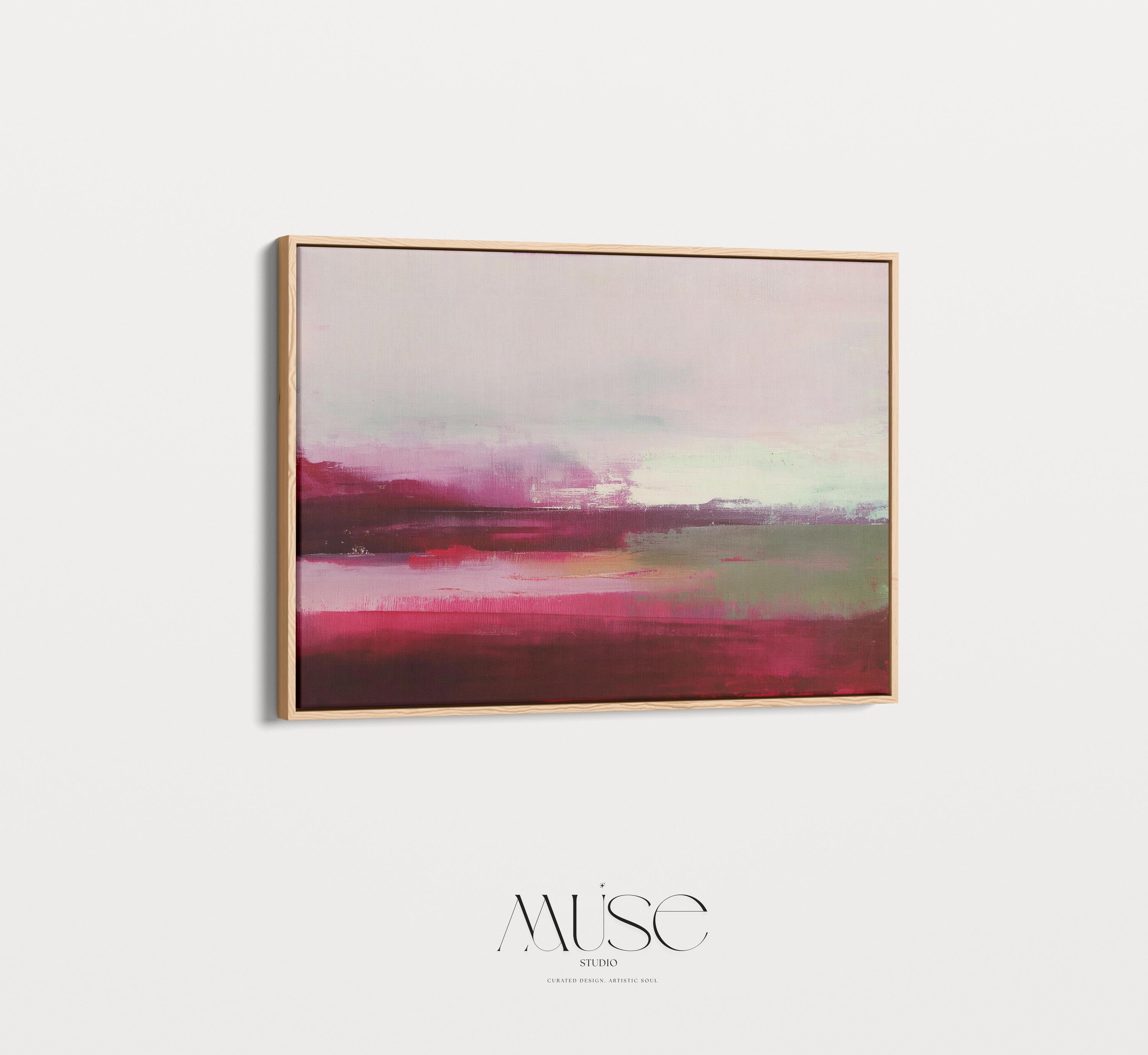 Framed cranberry red and blush abstract canvas with soft winter tones of sage and pink. Warm minimalist holiday wall art for living rooms, bedrooms, and modern seasonal interiors. Limited edition Muse Studio framed artwork, MUSE 610.
