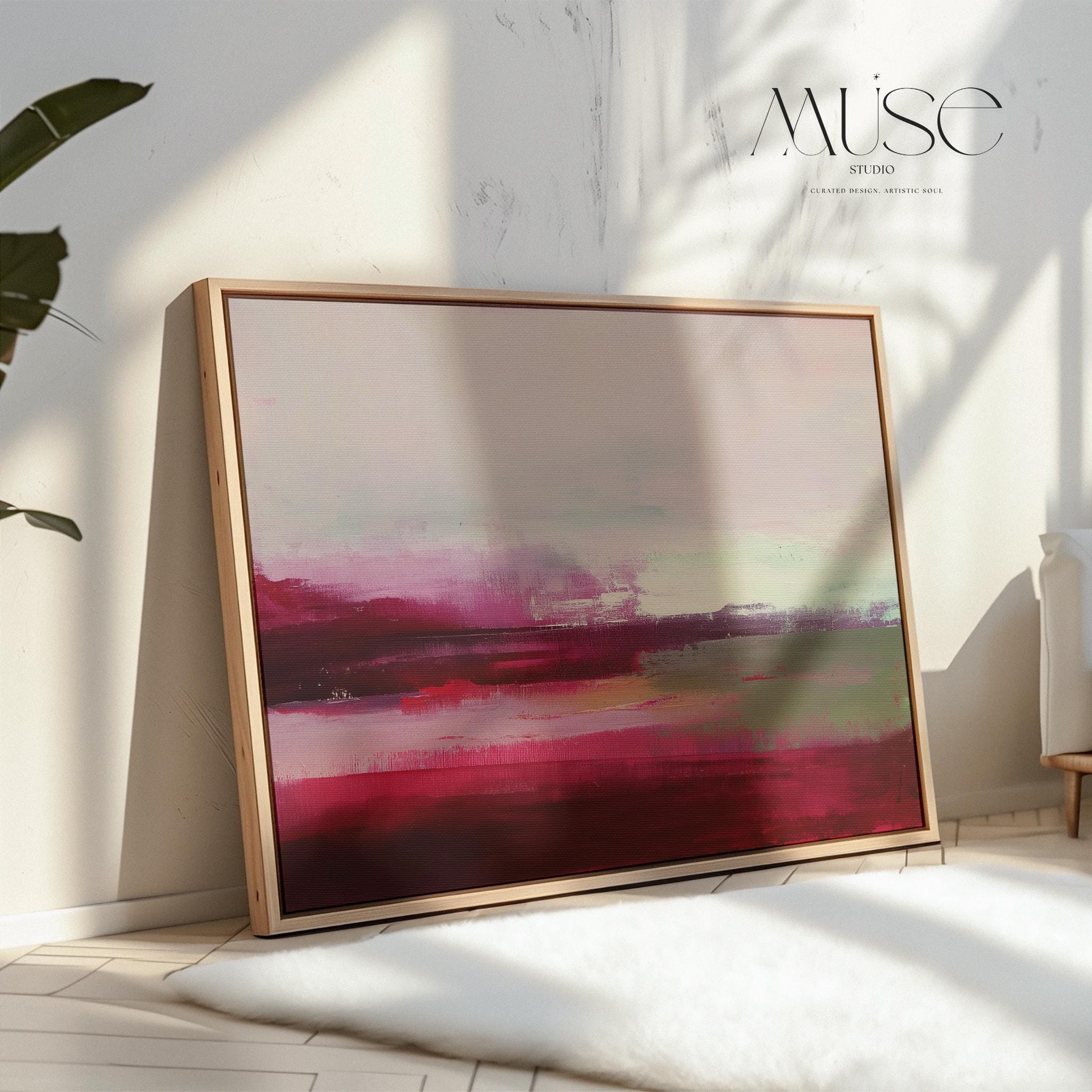 Framed cranberry red and blush abstract canvas with soft winter tones of sage and pink. Warm minimalist holiday wall art for living rooms, bedrooms, and modern seasonal interiors. Limited edition Muse Studio framed artwork, MUSE 610.