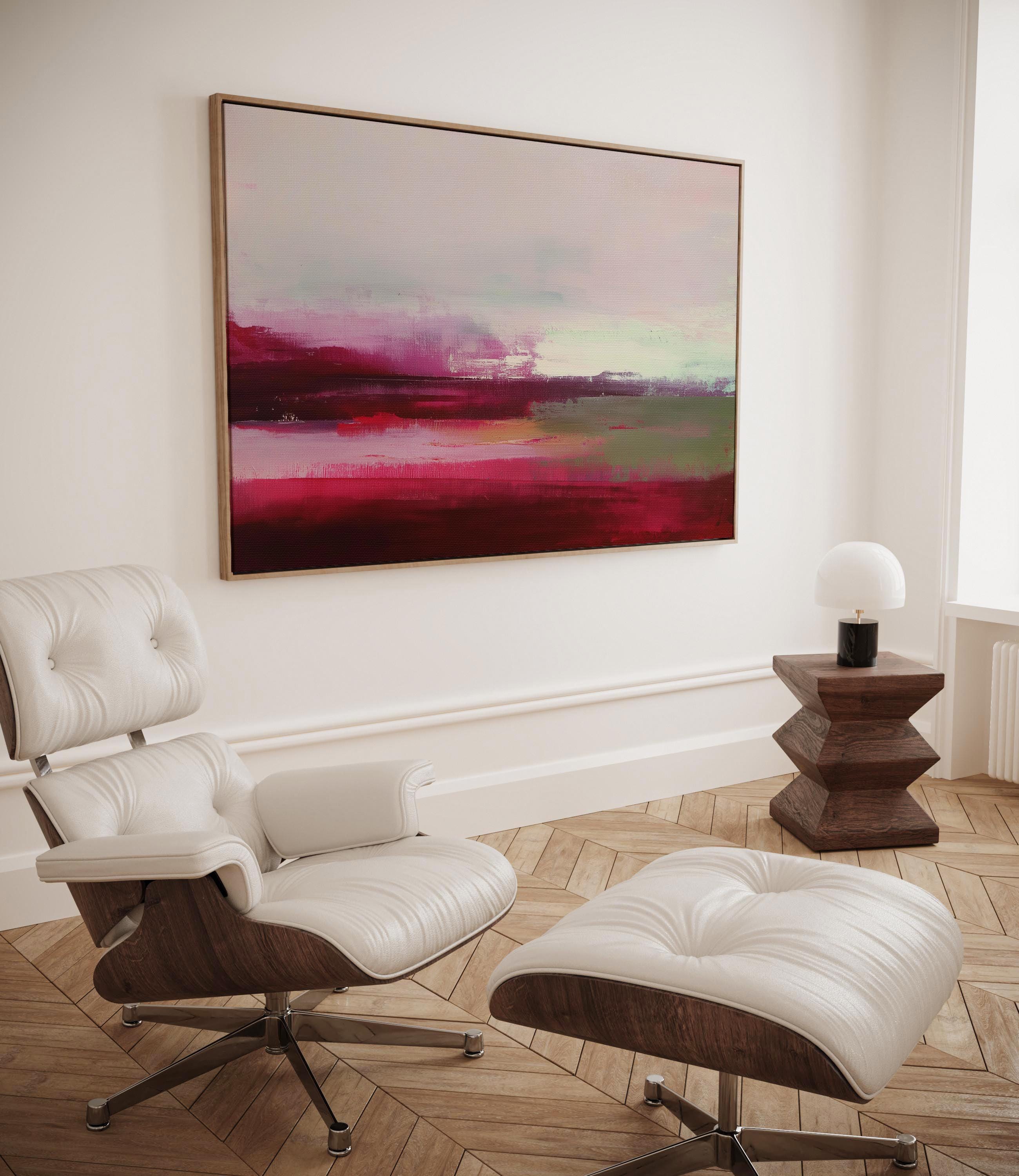Framed cranberry red and blush abstract canvas with soft winter tones of sage and pink. Warm minimalist holiday wall art for living rooms, bedrooms, and modern seasonal interiors. Limited edition Muse Studio framed artwork, MUSE 610.