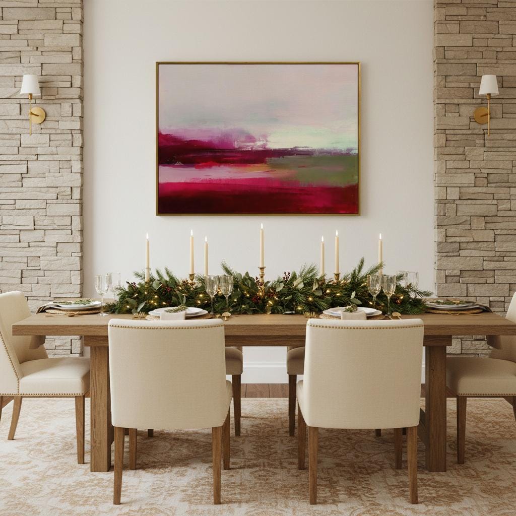 Framed cranberry red and blush abstract canvas with soft winter tones of sage and pink. Warm minimalist holiday wall art for living rooms, bedrooms, and modern seasonal interiors. Limited edition Muse Studio framed artwork, MUSE 610.