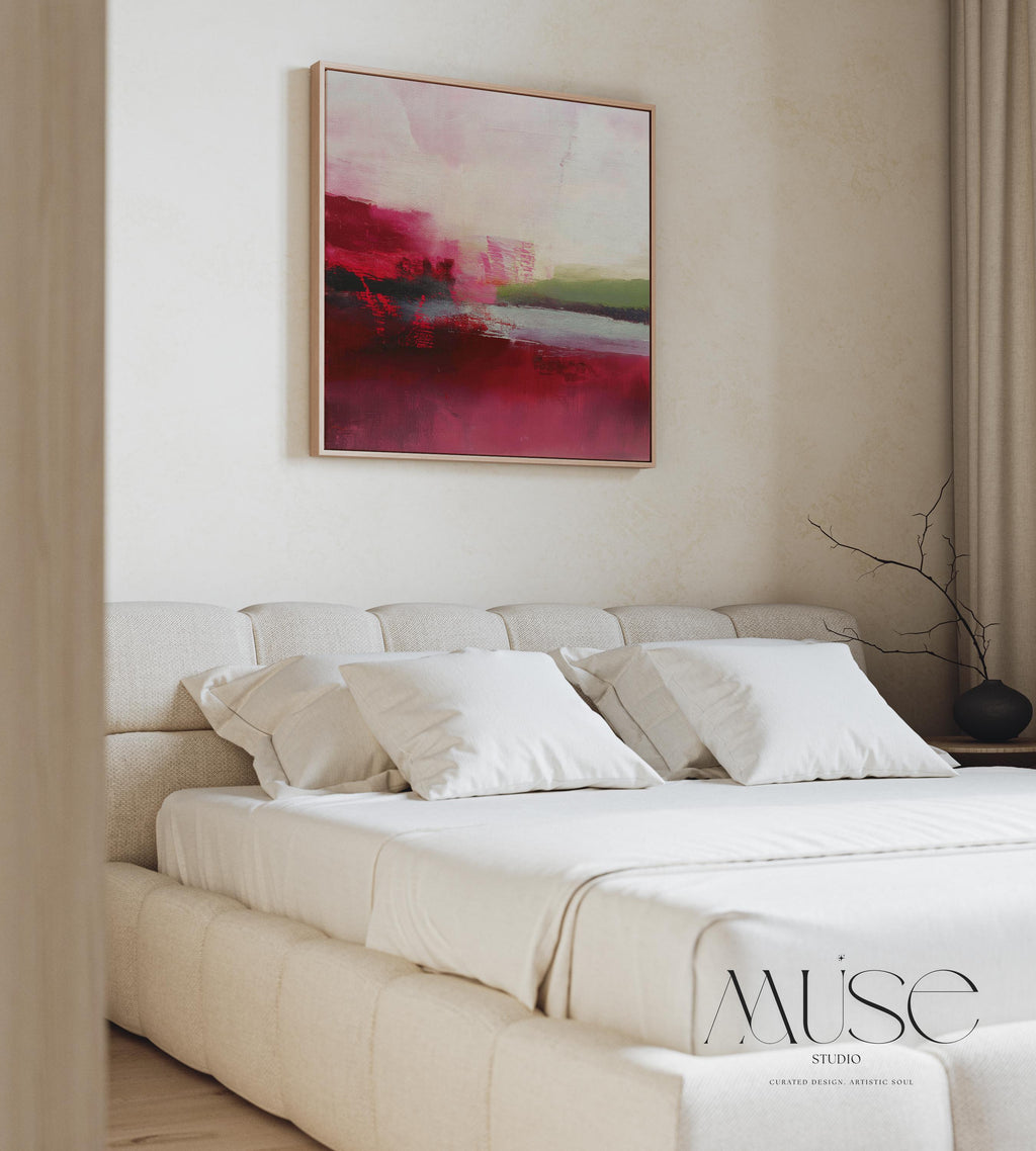 Framed cranberry and blush pink abstract canvas with soft winter tones of sage and red. Warm minimalist holiday wall art for living rooms, bedrooms, dining rooms, and seasonal interiors. Limited edition Muse Studio artwork, MUSE 611.
