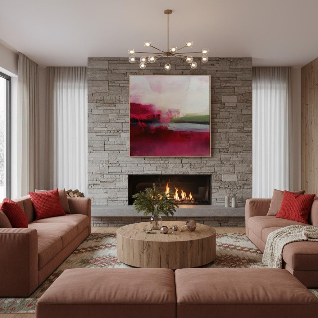 Framed cranberry and blush pink abstract canvas with soft winter tones of sage and red. Warm minimalist holiday wall art for living rooms, bedrooms, dining rooms, and seasonal interiors. Limited edition Muse Studio artwork, MUSE 611.