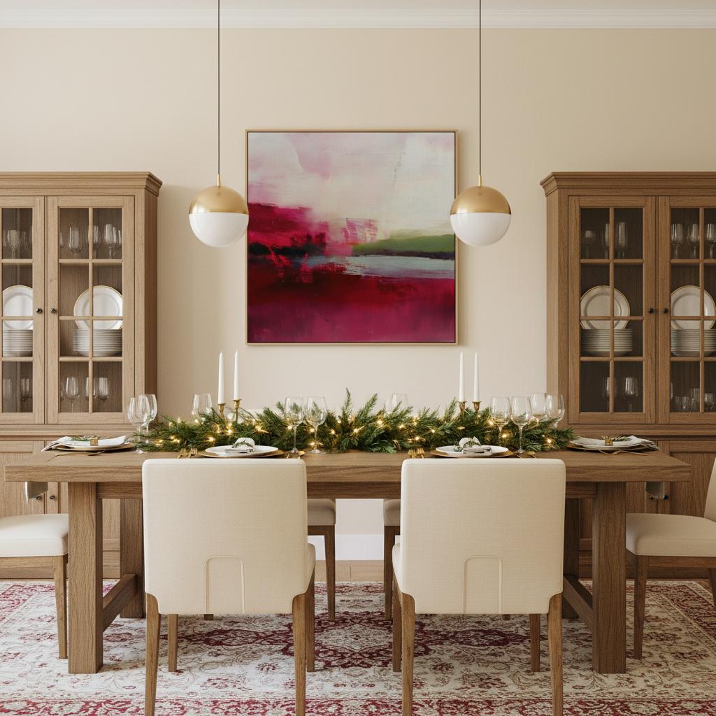 Framed cranberry and blush pink abstract canvas with soft winter tones of sage and red. Warm minimalist holiday wall art for living rooms, bedrooms, dining rooms, and seasonal interiors. Limited edition Muse Studio artwork, MUSE 611.
