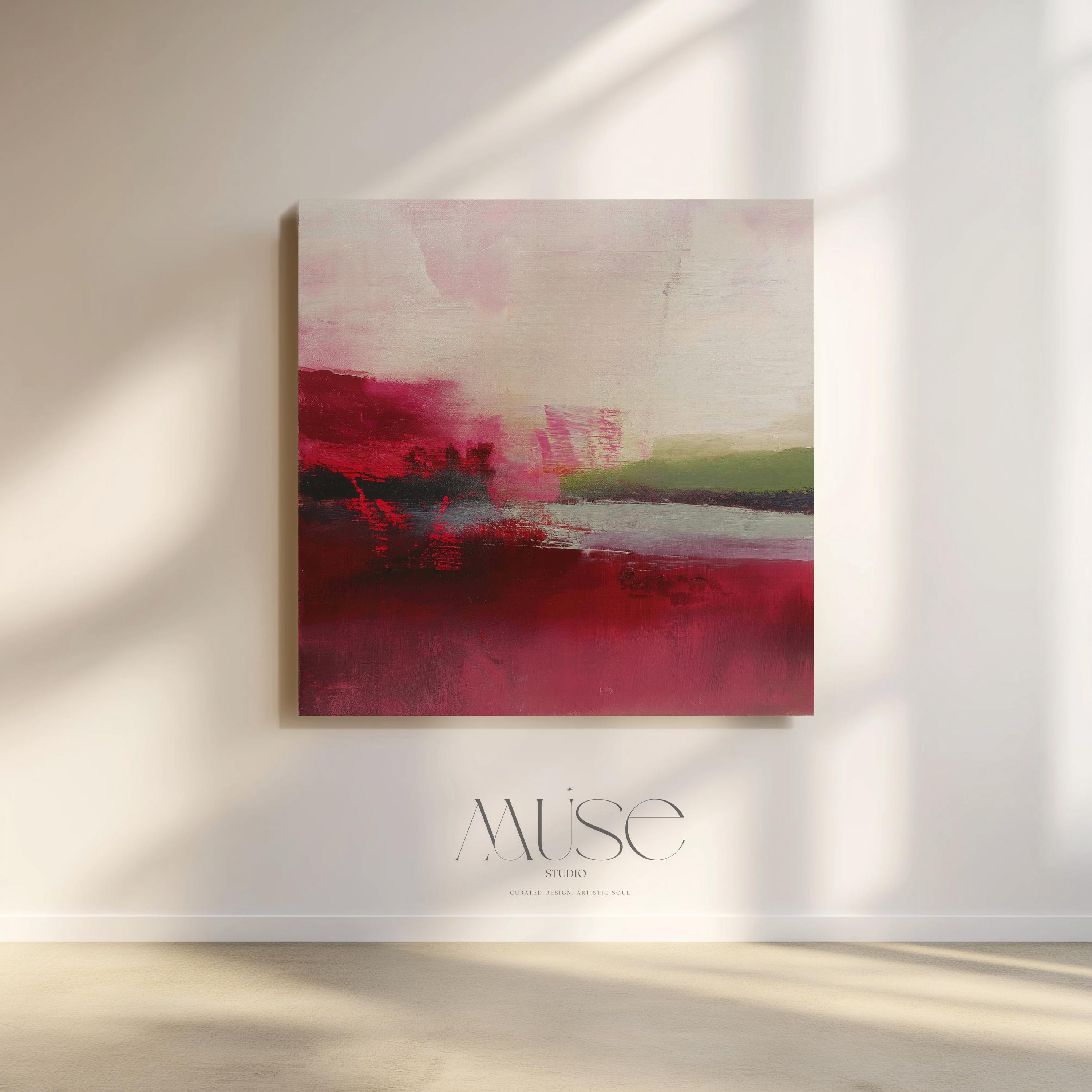Large cranberry and blush pink abstract canvas with winter sage accents. Soft contemporary holiday wall art for living room, bedroom, dining room, or entryway decor. Limited edition Muse Studio artwork, MUSE 611.