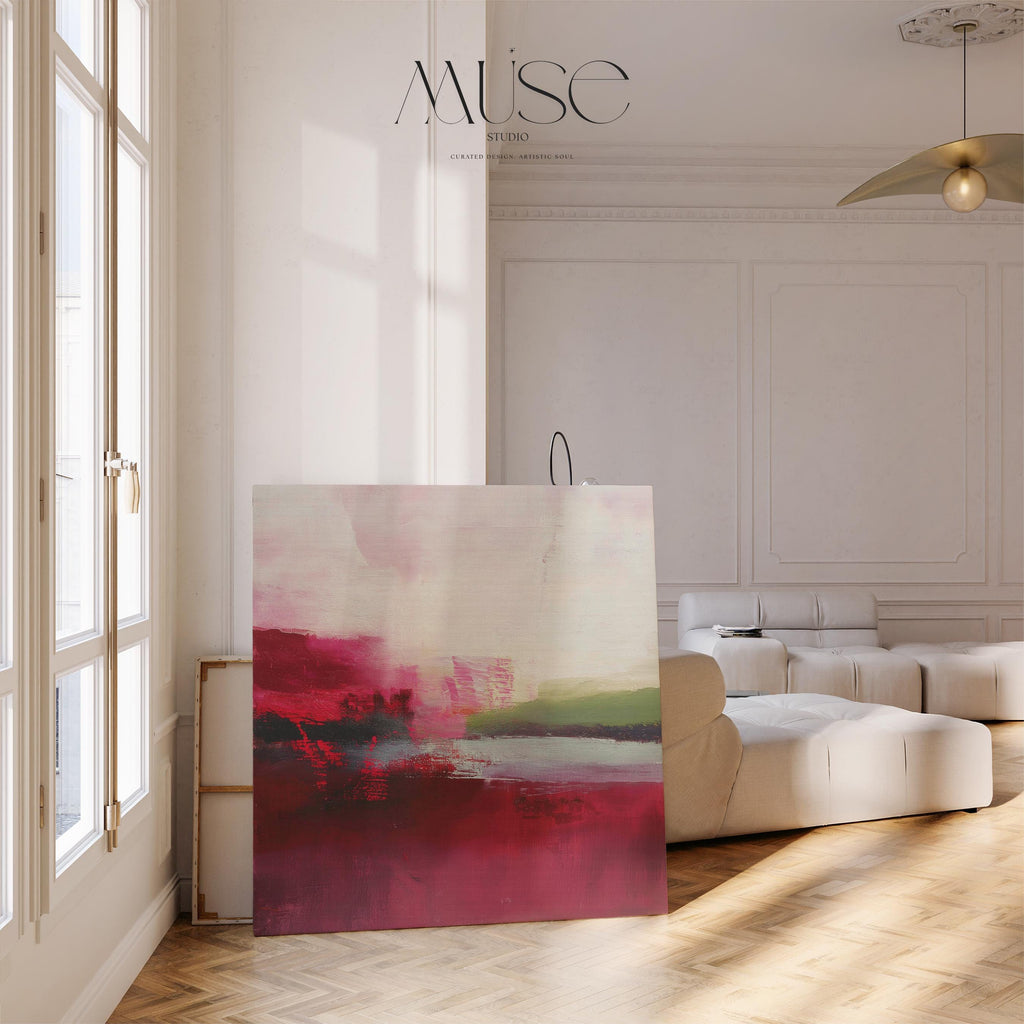 Large cranberry and blush pink abstract canvas with winter sage accents. Soft contemporary holiday wall art for living room, bedroom, dining room, or entryway decor. Limited edition Muse Studio artwork, MUSE 611.