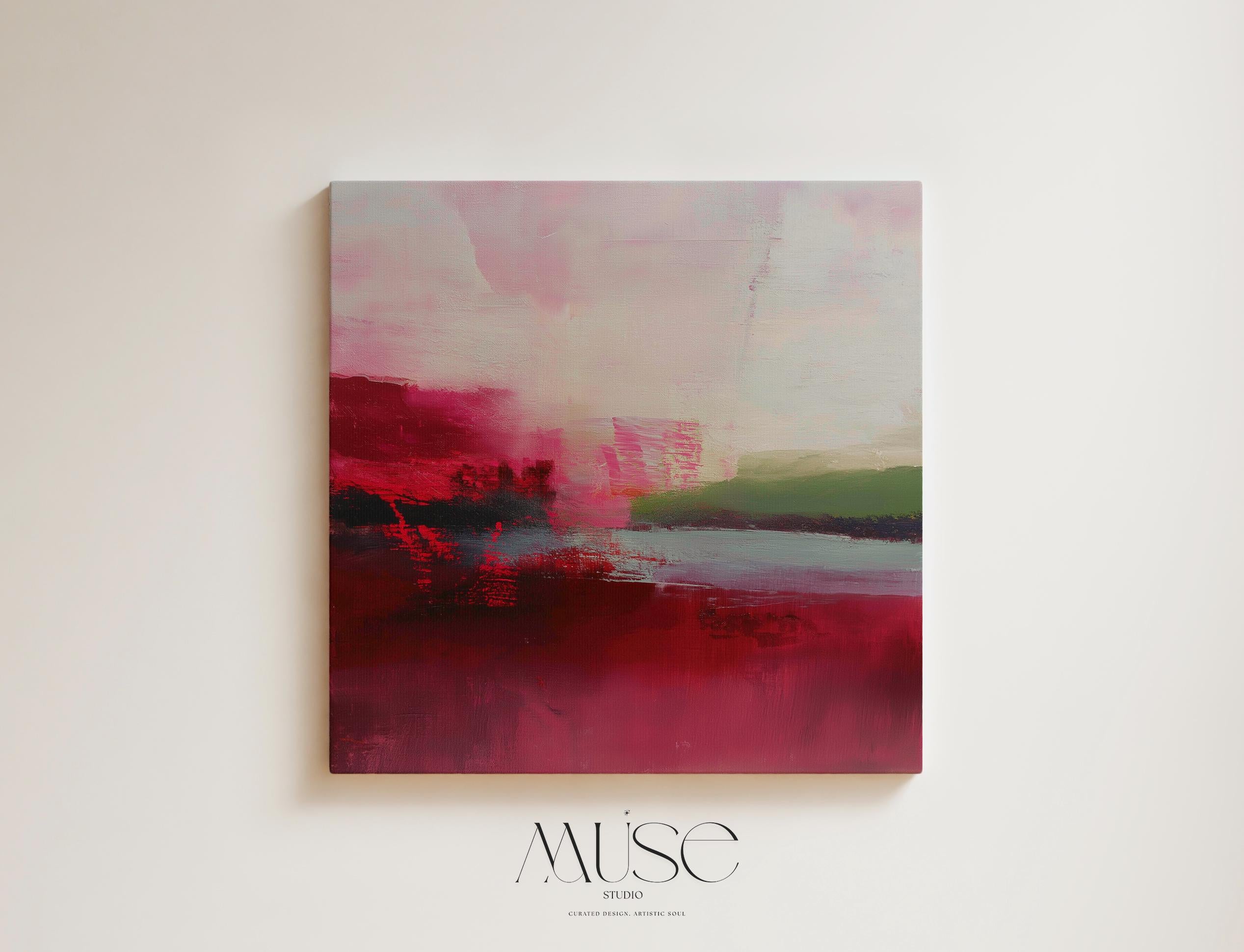Large cranberry and blush pink abstract canvas with winter sage accents. Soft contemporary holiday wall art for living room, bedroom, dining room, or entryway decor. Limited edition Muse Studio artwork, MUSE 611.