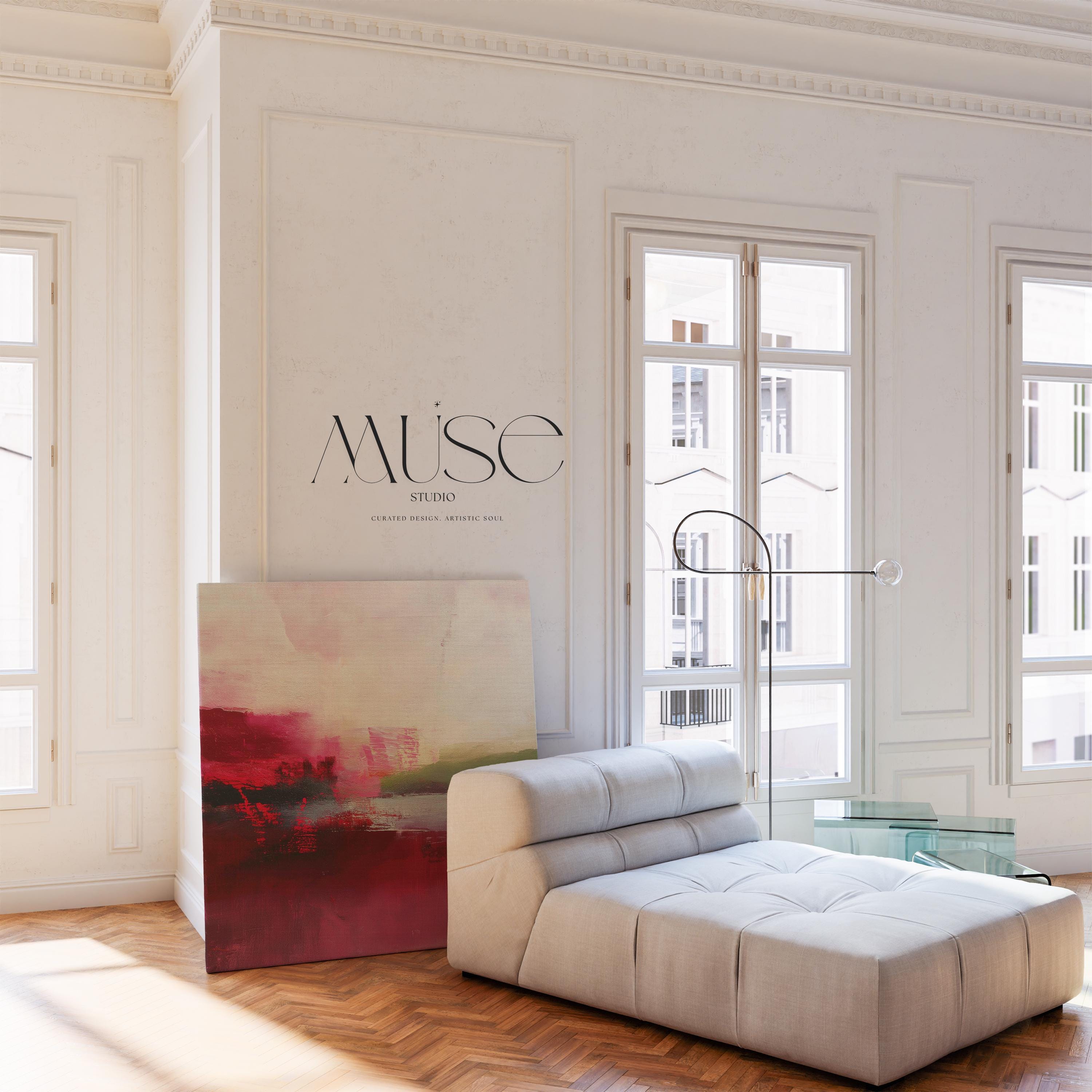 Large cranberry and blush pink abstract canvas with winter sage accents. Soft contemporary holiday wall art for living room, bedroom, dining room, or entryway decor. Limited edition Muse Studio artwork, MUSE 611.