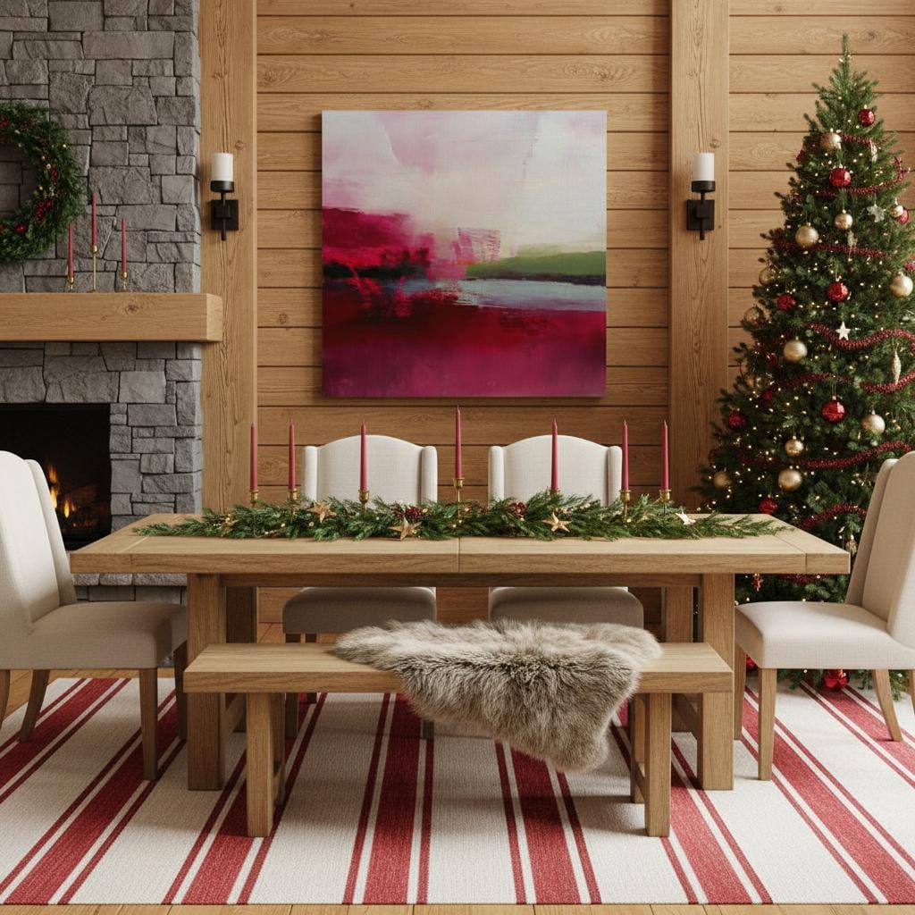 Large cranberry and blush pink abstract canvas with winter sage accents. Soft contemporary holiday wall art for living room, bedroom, dining room, or entryway decor. Limited edition Muse Studio artwork, MUSE 611.