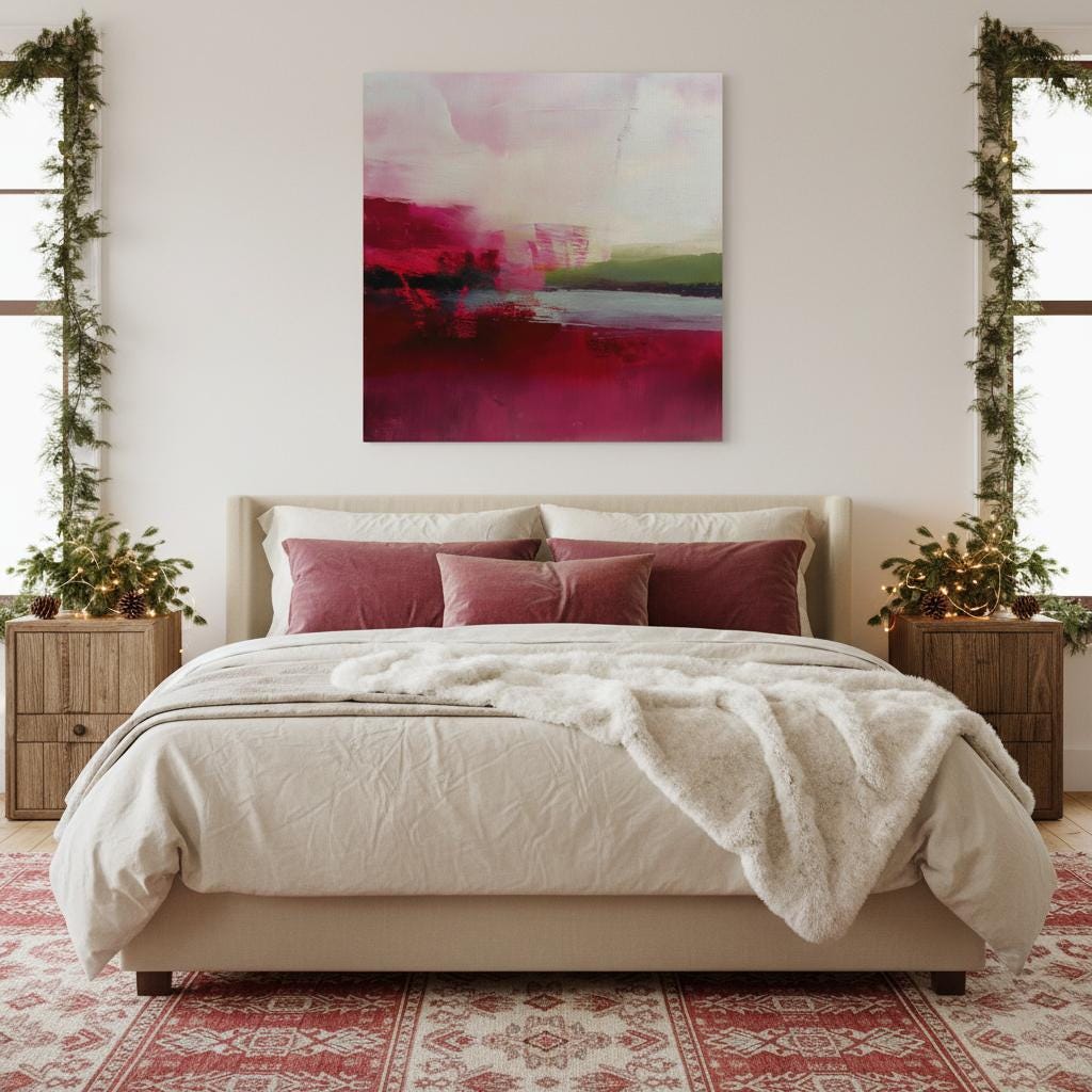 Large cranberry and blush pink abstract canvas with winter sage accents. Soft contemporary holiday wall art for living room, bedroom, dining room, or entryway decor. Limited edition Muse Studio artwork, MUSE 611.