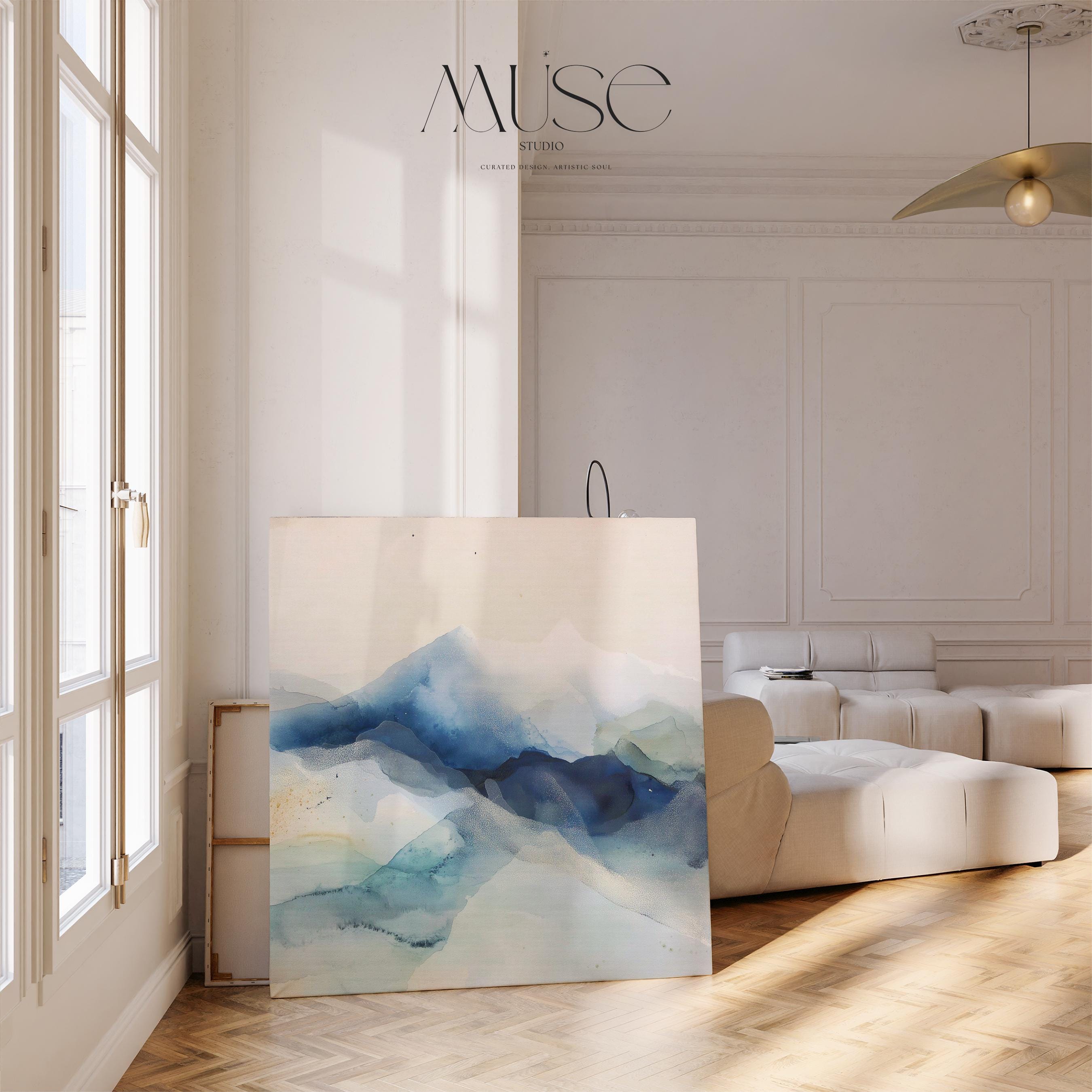 Large winter white and alpine blue abstract canvas with snowy, airy tones. Soft contemporary wall art for ski lodges, winter homes, living rooms, or bedrooms. Winter Whites Collection by Muse Studio, MUSE 610.