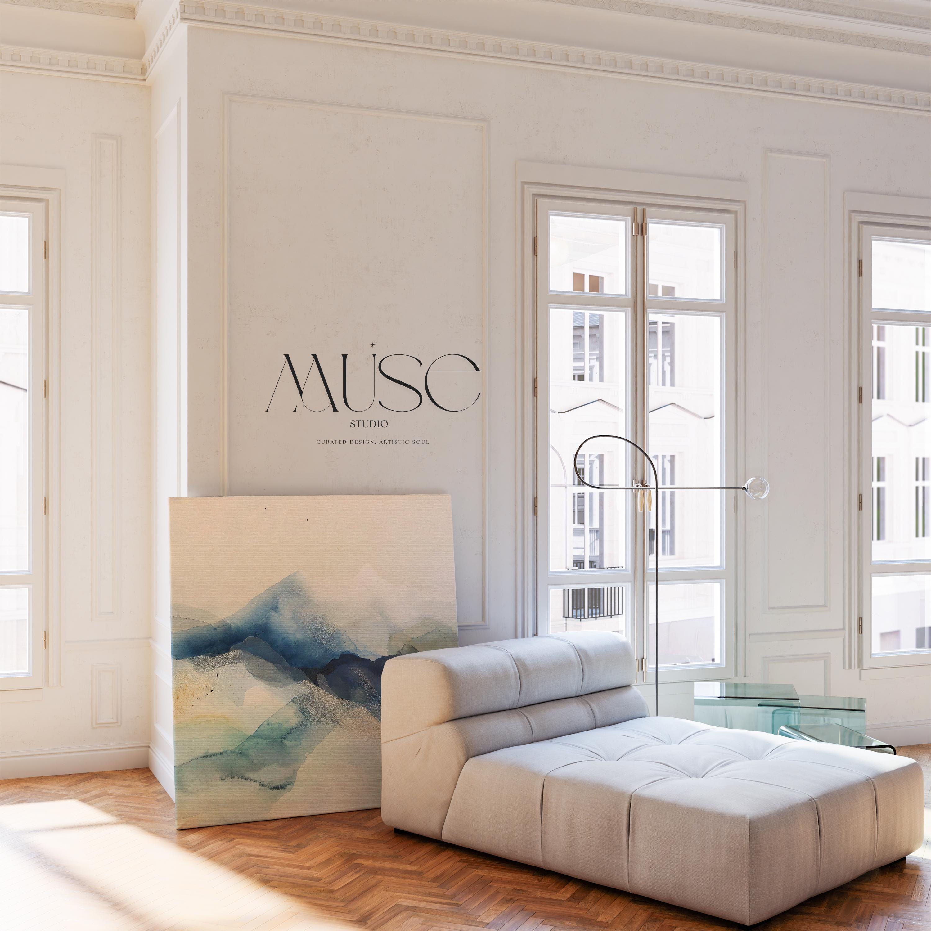Large winter white and alpine blue abstract canvas with snowy, airy tones. Soft contemporary wall art for ski lodges, winter homes, living rooms, or bedrooms. Winter Whites Collection by Muse Studio, MUSE 610.