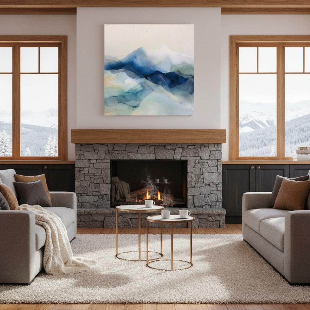 Large winter white and alpine blue abstract canvas with snowy, airy tones. Soft contemporary wall art for ski lodges, winter homes, living rooms, or bedrooms. Winter Whites Collection by Muse Studio, MUSE 610.