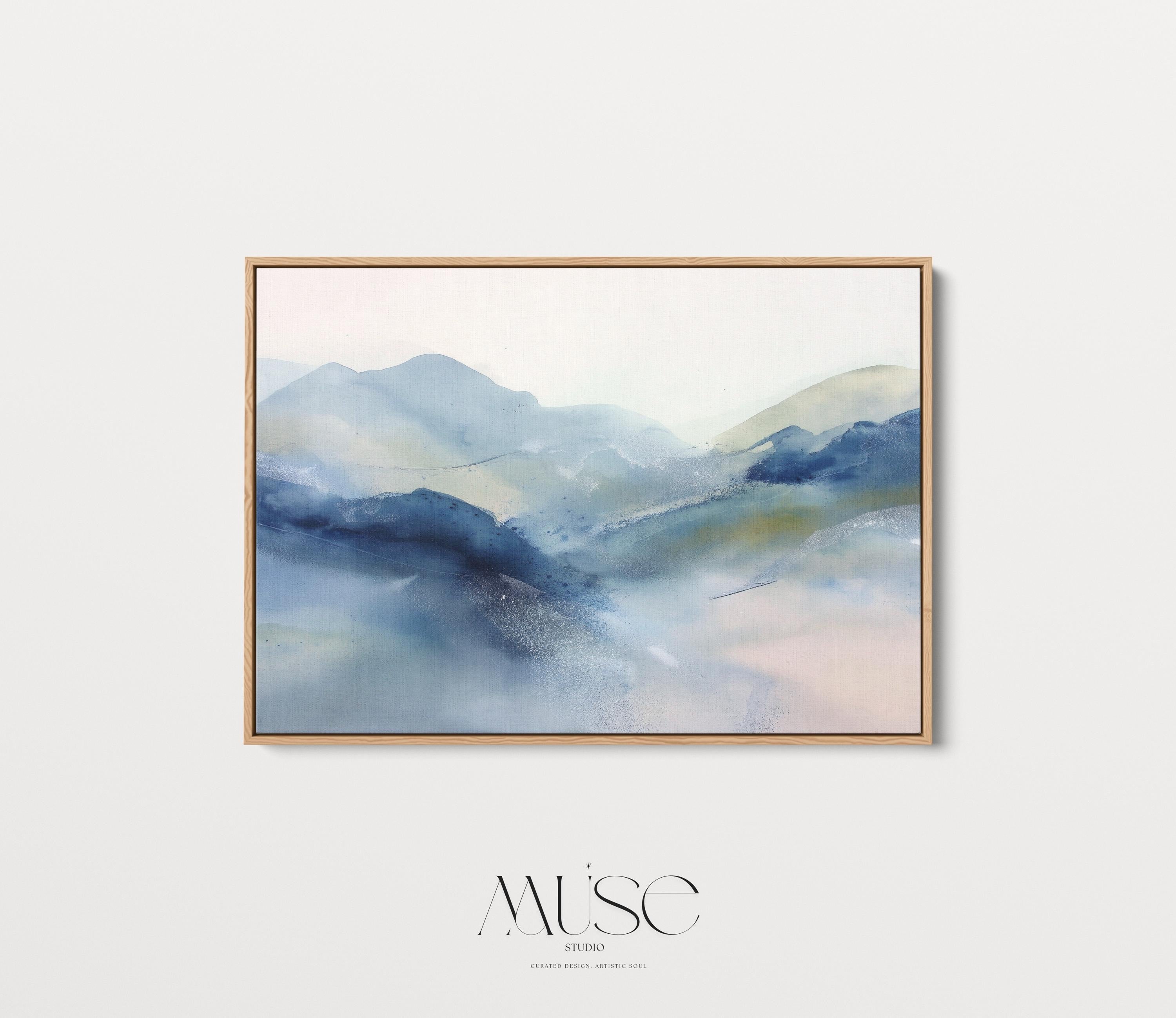 Framed alpine blue and winter white abstract canvas with soft snowy tones. Minimalist winter wall art for ski lodges, coastal cabins, bedrooms, or living rooms. Winter Whites Collection by Muse Studio, MUSE 621.