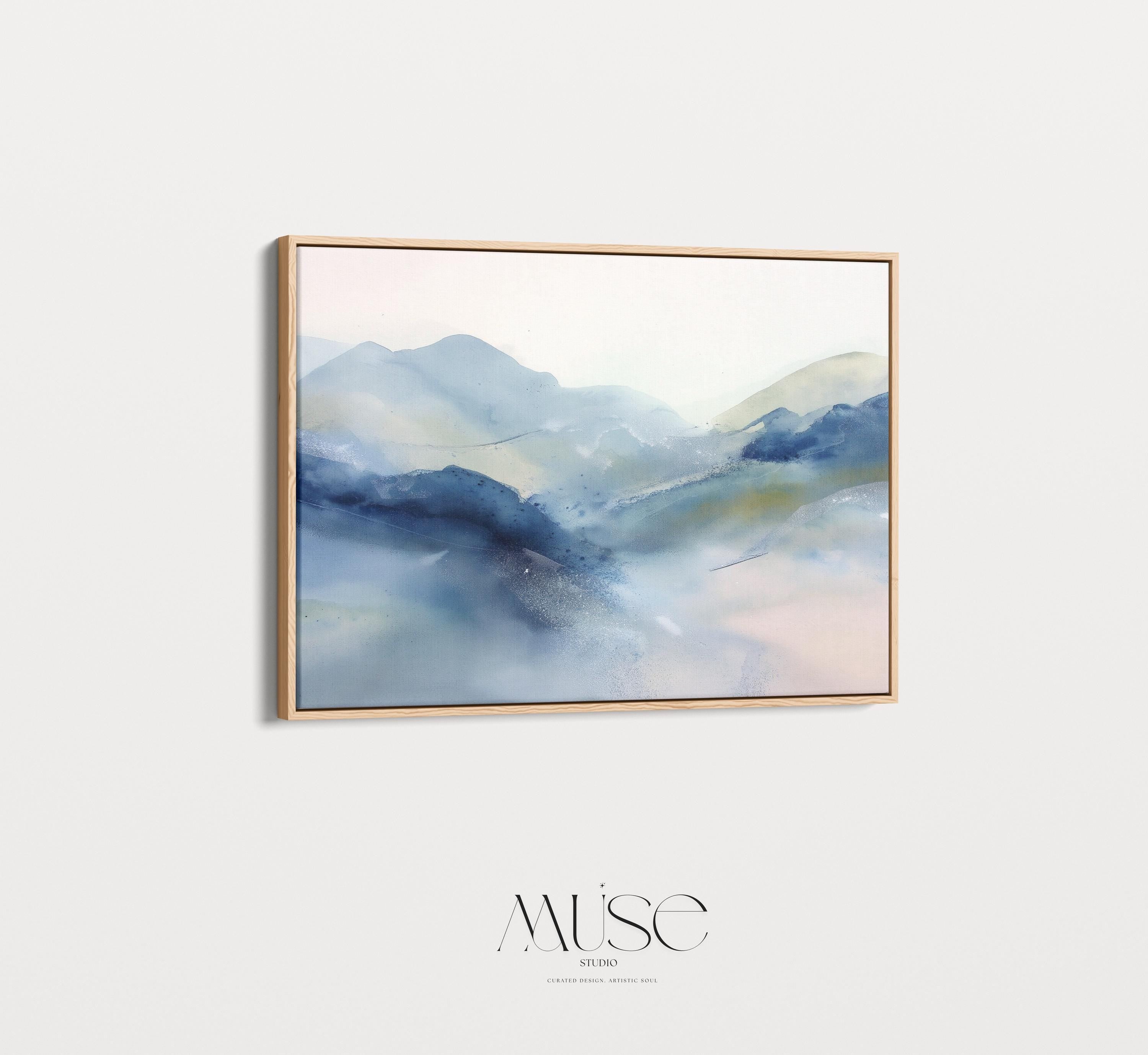 Framed alpine blue and winter white abstract canvas with soft snowy tones. Minimalist winter wall art for ski lodges, coastal cabins, bedrooms, or living rooms. Winter Whites Collection by Muse Studio, MUSE 621.