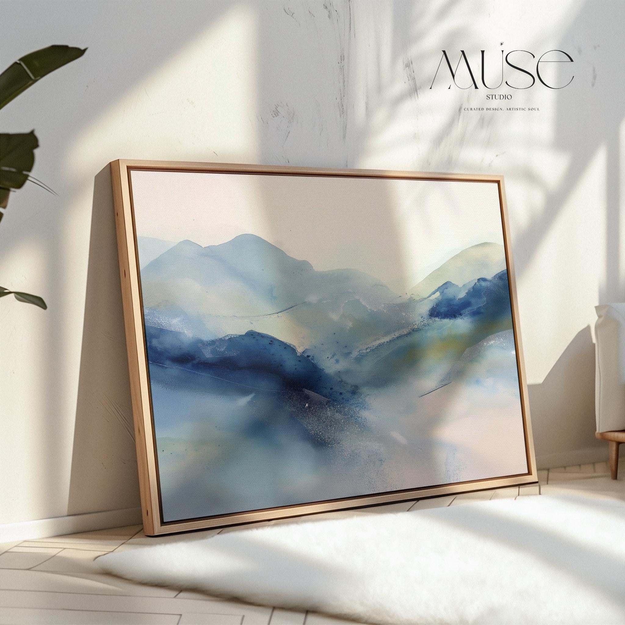 Framed alpine blue and winter white abstract canvas with soft snowy tones. Minimalist winter wall art for ski lodges, coastal cabins, bedrooms, or living rooms. Winter Whites Collection by Muse Studio, MUSE 621.