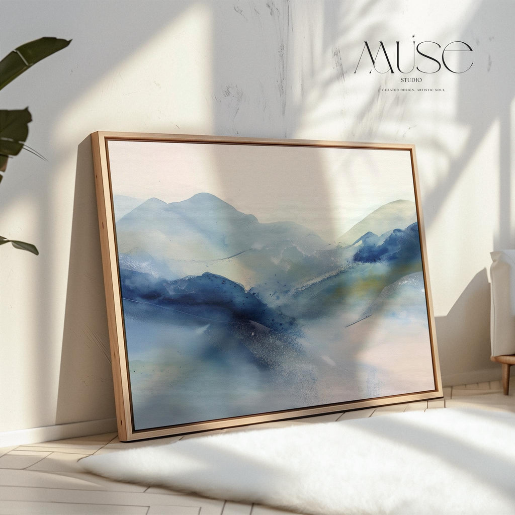 Framed alpine blue and winter white abstract canvas with soft snowy tones. Minimalist winter wall art for ski lodges, coastal cabins, bedrooms, or living rooms. Winter Whites Collection by Muse Studio, MUSE 621.