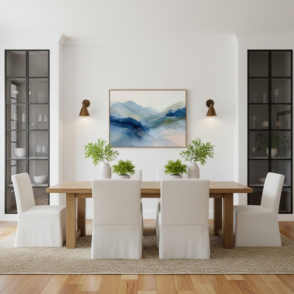 Framed alpine blue and winter white abstract canvas with soft snowy tones. Minimalist winter wall art for ski lodges, coastal cabins, bedrooms, or living rooms. Winter Whites Collection by Muse Studio, MUSE 621.