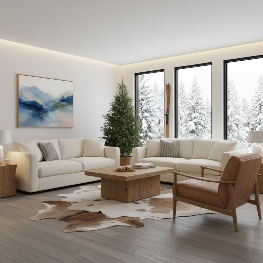 Framed alpine blue and winter white abstract canvas with soft snowy tones. Minimalist winter wall art for ski lodges, coastal cabins, bedrooms, or living rooms. Winter Whites Collection by Muse Studio, MUSE 621.