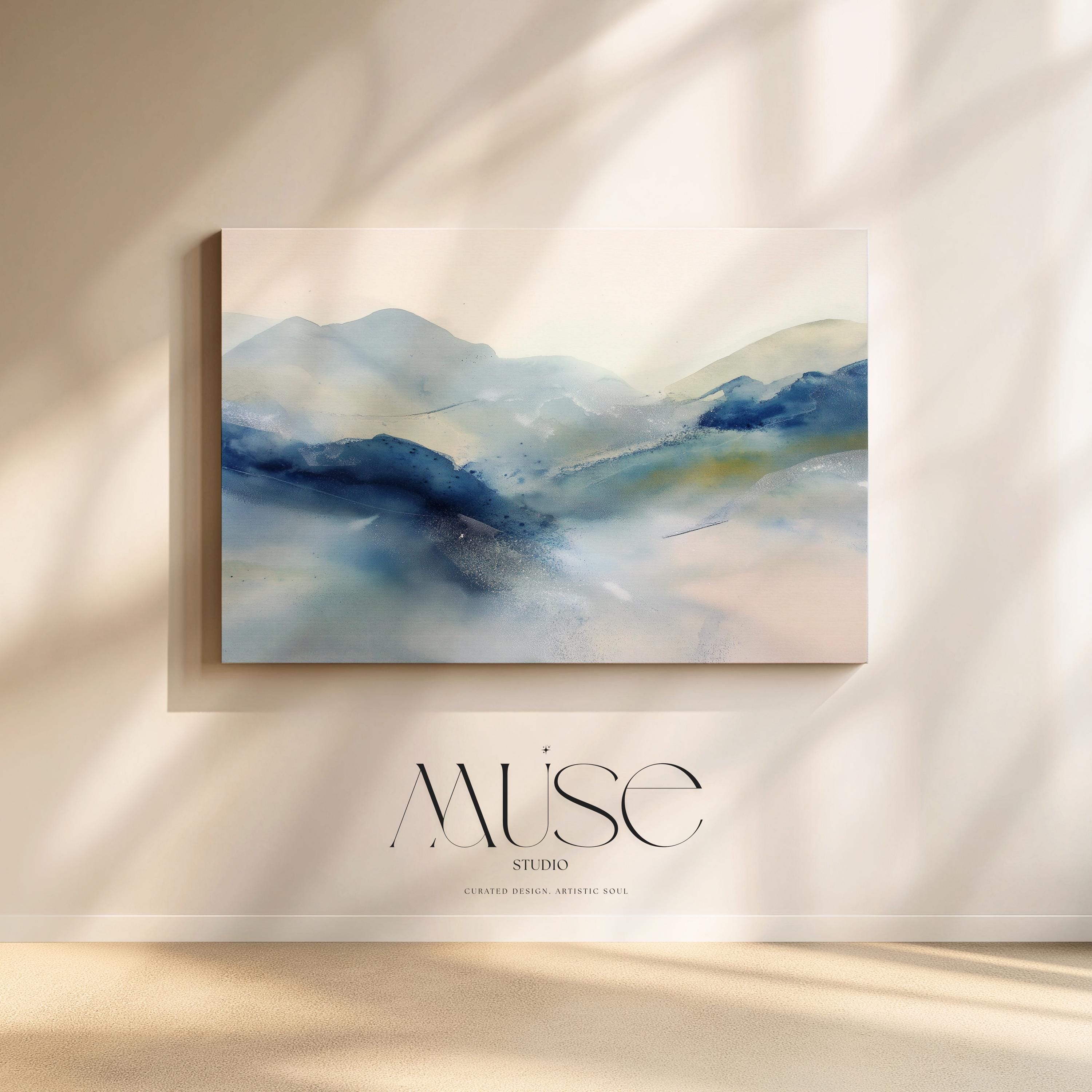 Large winter white and alpine blue abstract canvas with soft snowy tones. Minimalist winter wall art for ski lodges, winter homes, living rooms, or bedrooms. Winter Whites Collection by Muse Studio, MUSE 621.