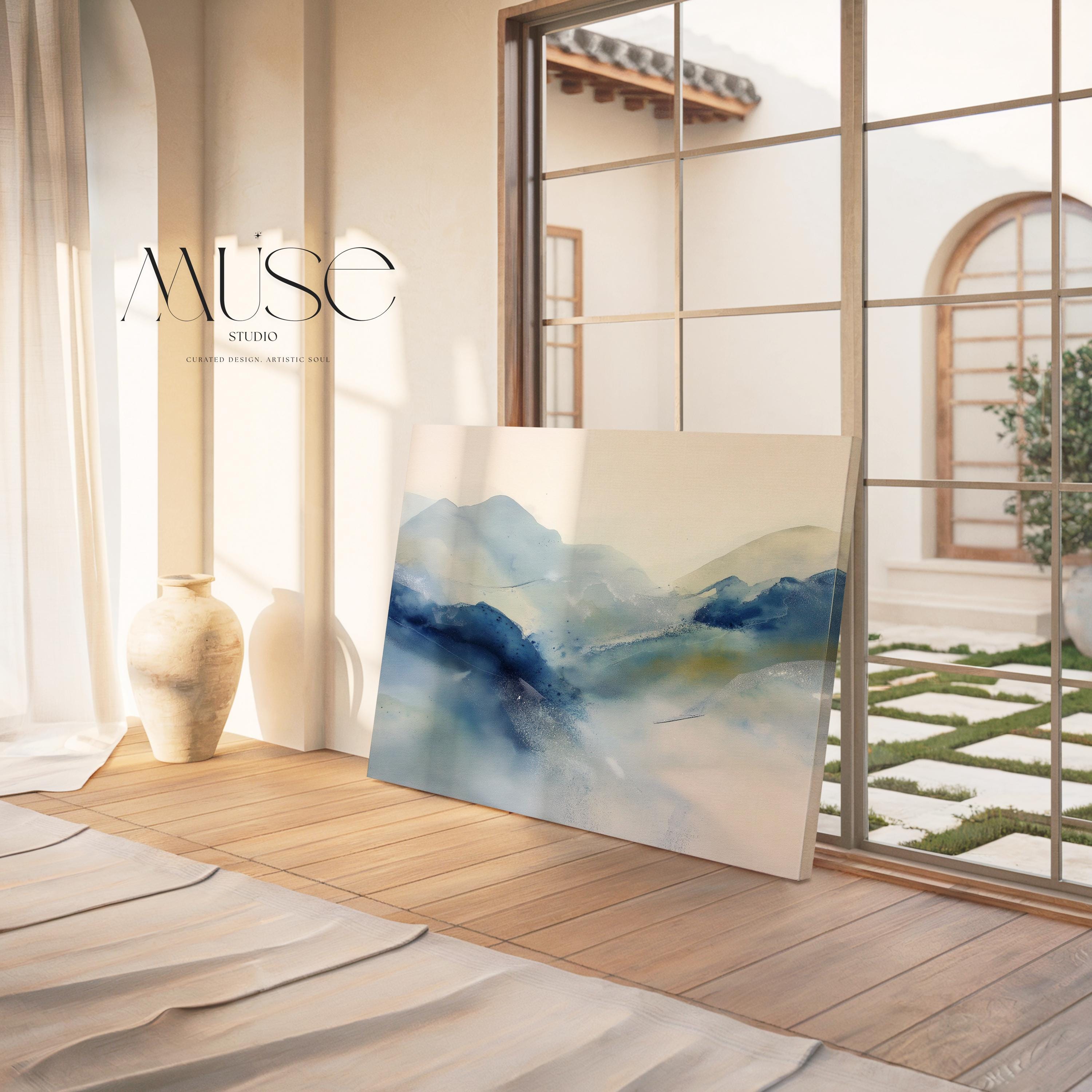 Large winter white and alpine blue abstract canvas with soft snowy tones. Minimalist winter wall art for ski lodges, winter homes, living rooms, or bedrooms. Winter Whites Collection by Muse Studio, MUSE 621.